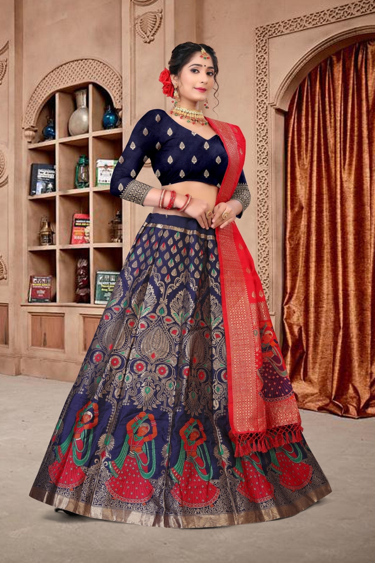 Jyoti Fashion Women's Navy Blue Jacquard Zari Woven Designer Lehenga Choli Set | Swadesiicart