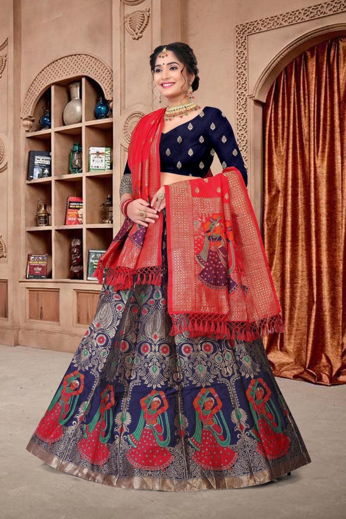 Jyoti Fashion Women's Navy Blue Jacquard Zari Woven Designer Lehenga Choli Set | Swadesiicart