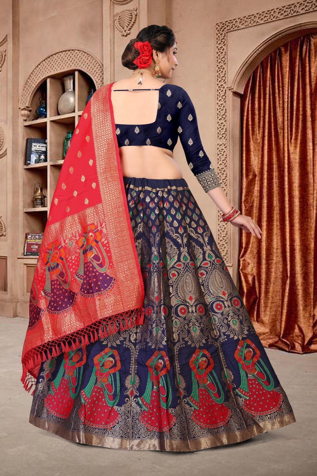 Jyoti Fashion Women's Navy Blue Jacquard Zari Woven Designer Lehenga Choli Set | Swadesiicart