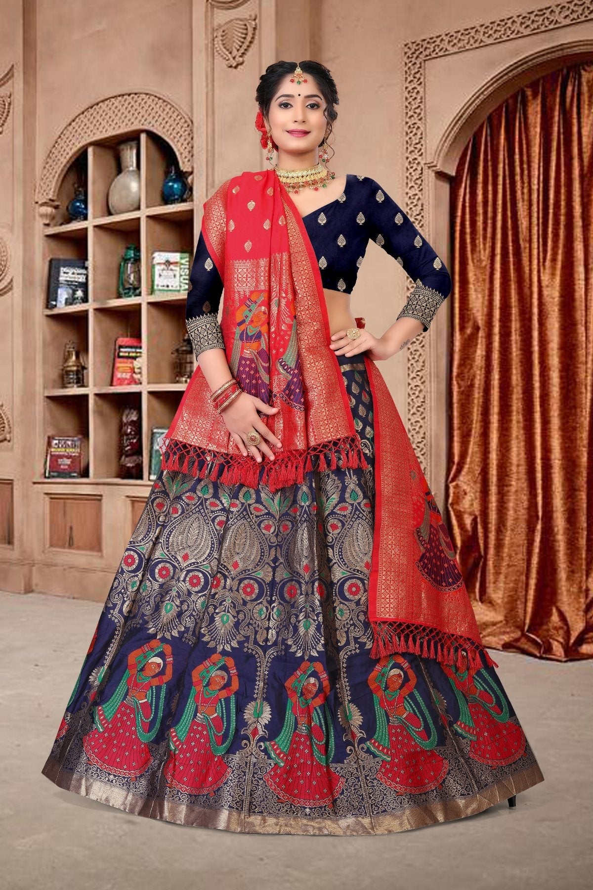 Jyoti Fashion Women's Navy Blue Jacquard Zari Woven Designer Lehenga Choli Set | Swadesiicart