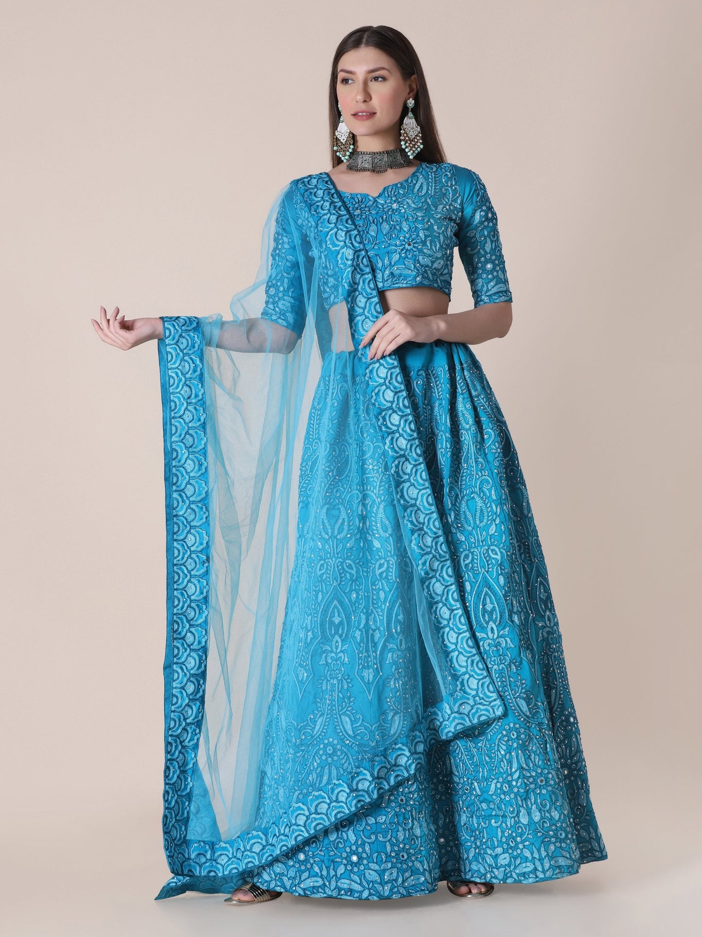 Jyoti Fashion Women's Sky Blue Taffeta Silk Thread Embroidered Designer Lehenga Choli Set | Swadesiicart