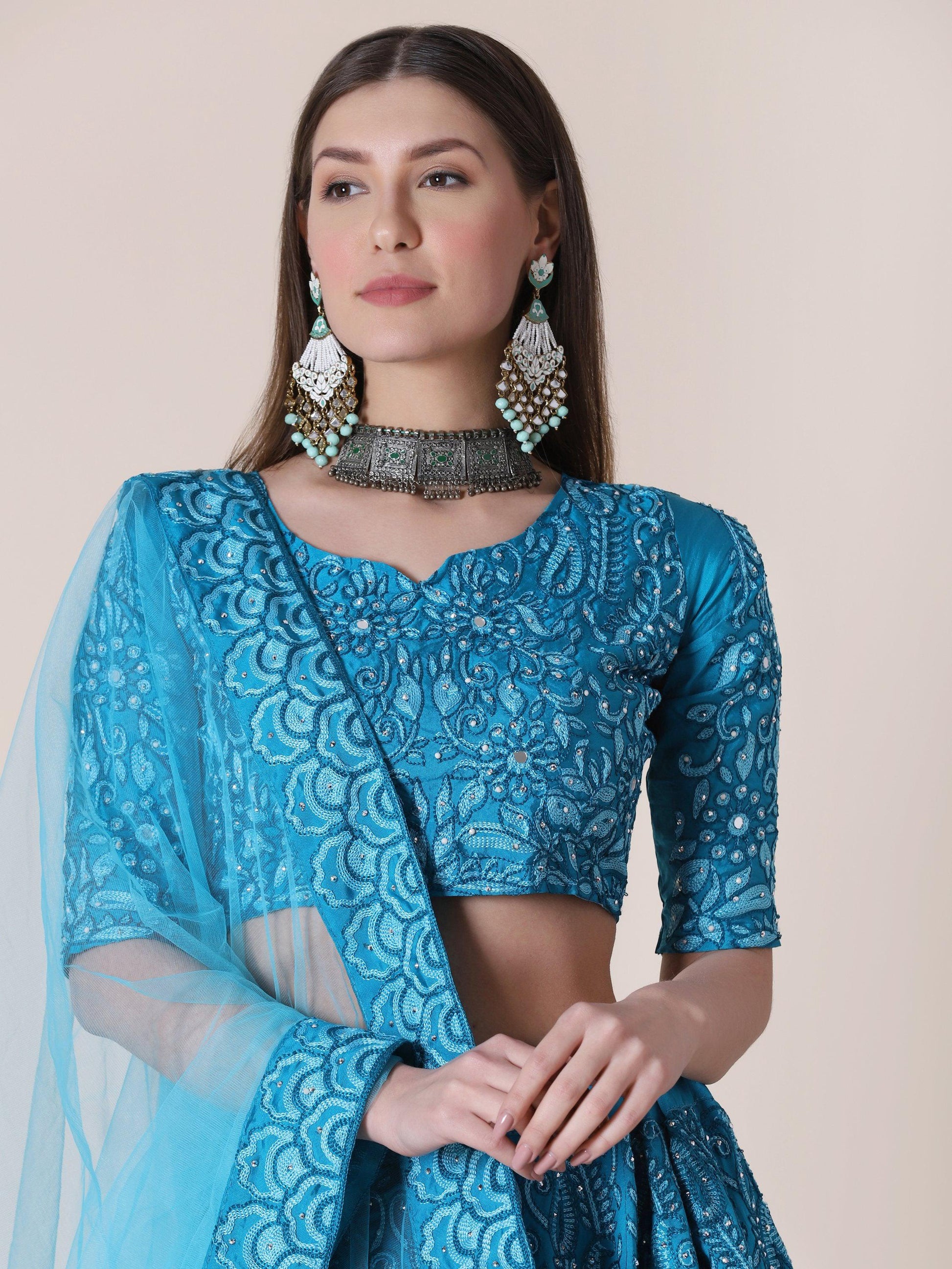Jyoti Fashion Women's Sky Blue Taffeta Silk Thread Embroidered Designer Lehenga Choli Set | Swadesiicart