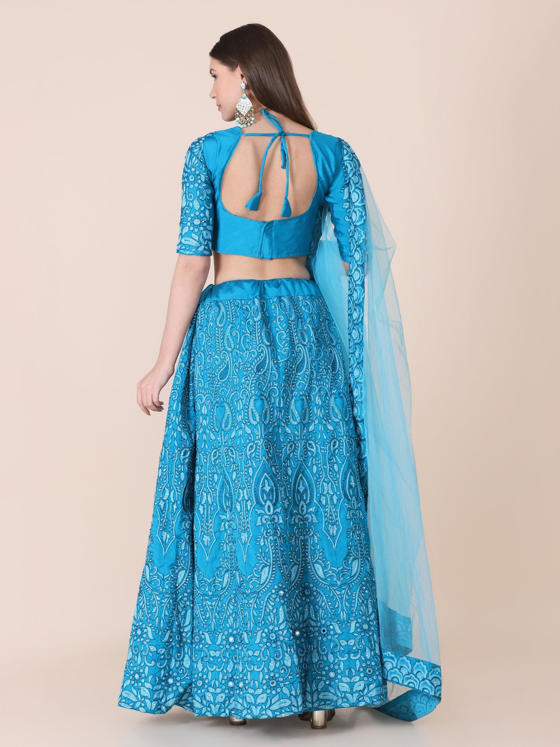 Jyoti Fashion Women's Sky Blue Taffeta Silk Thread Embroidered Designer Lehenga Choli Set | Swadesiicart