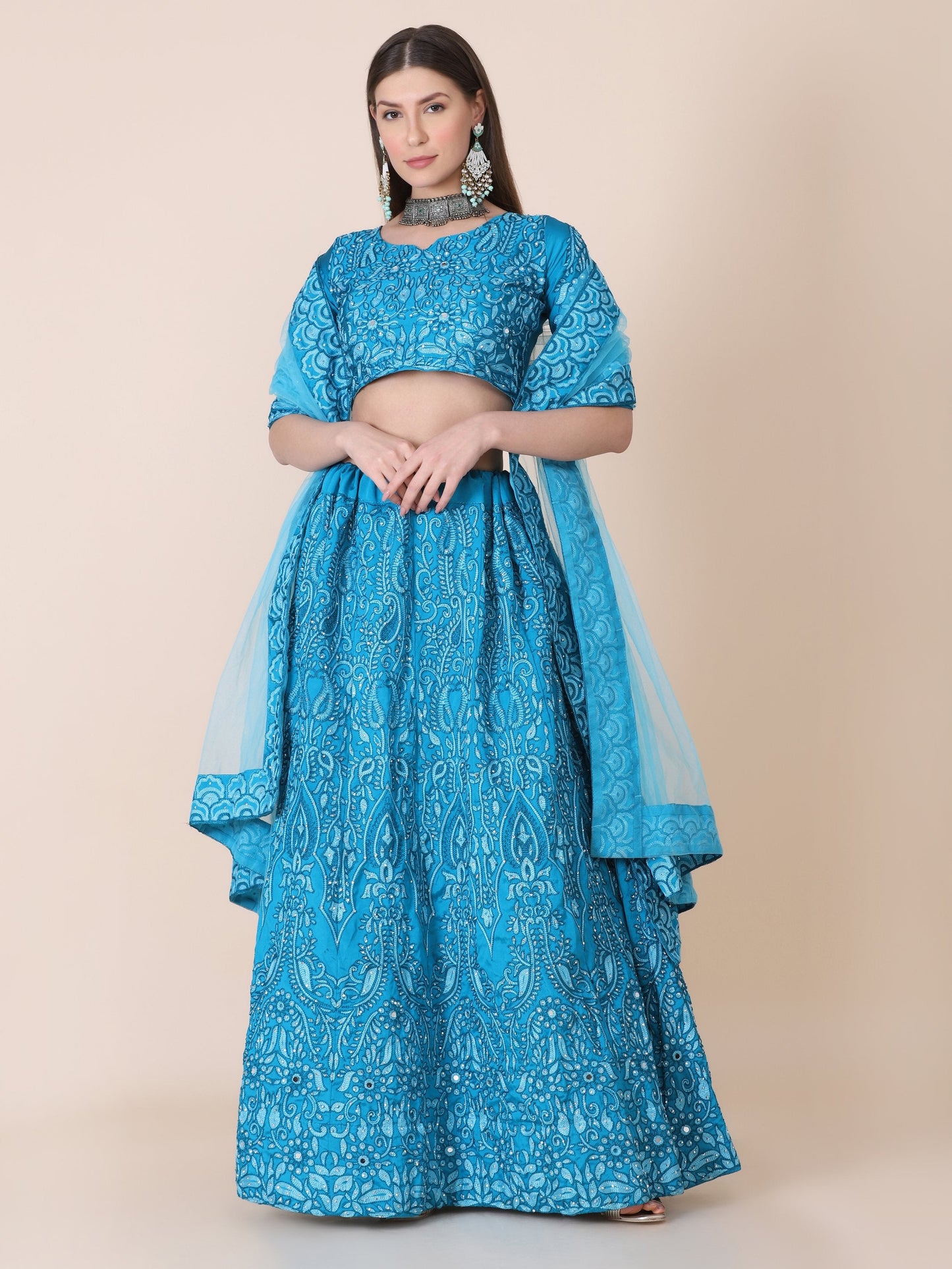 Jyoti Fashion Women's Sky Blue Taffeta Silk Thread Embroidered Designer Lehenga Choli Set | Swadesiicart