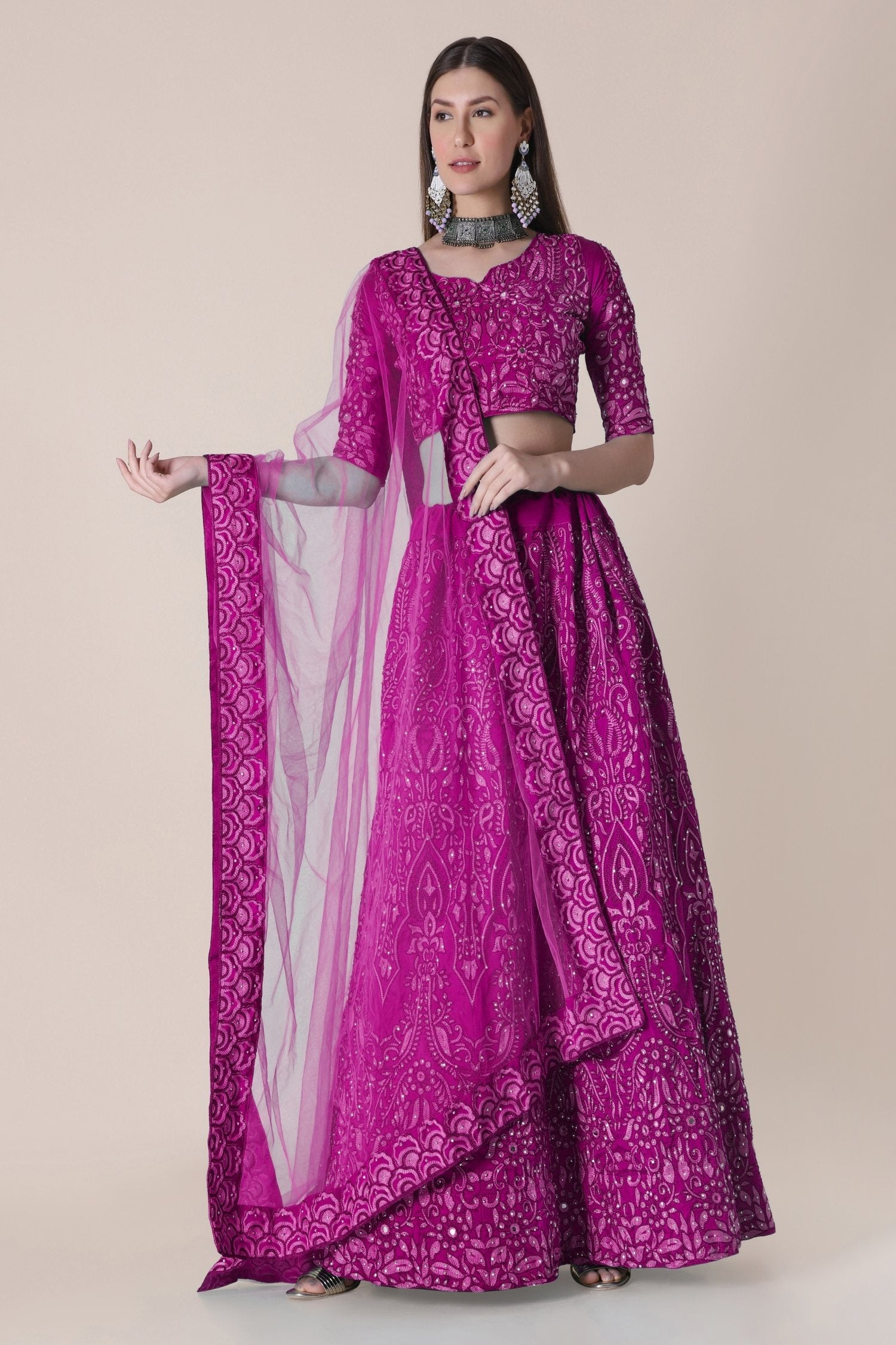 Jyoti Fashion Women's Purple Taffeta Silk Thread Embroidered Designer Lehenga Choli Set | Swadesiicart