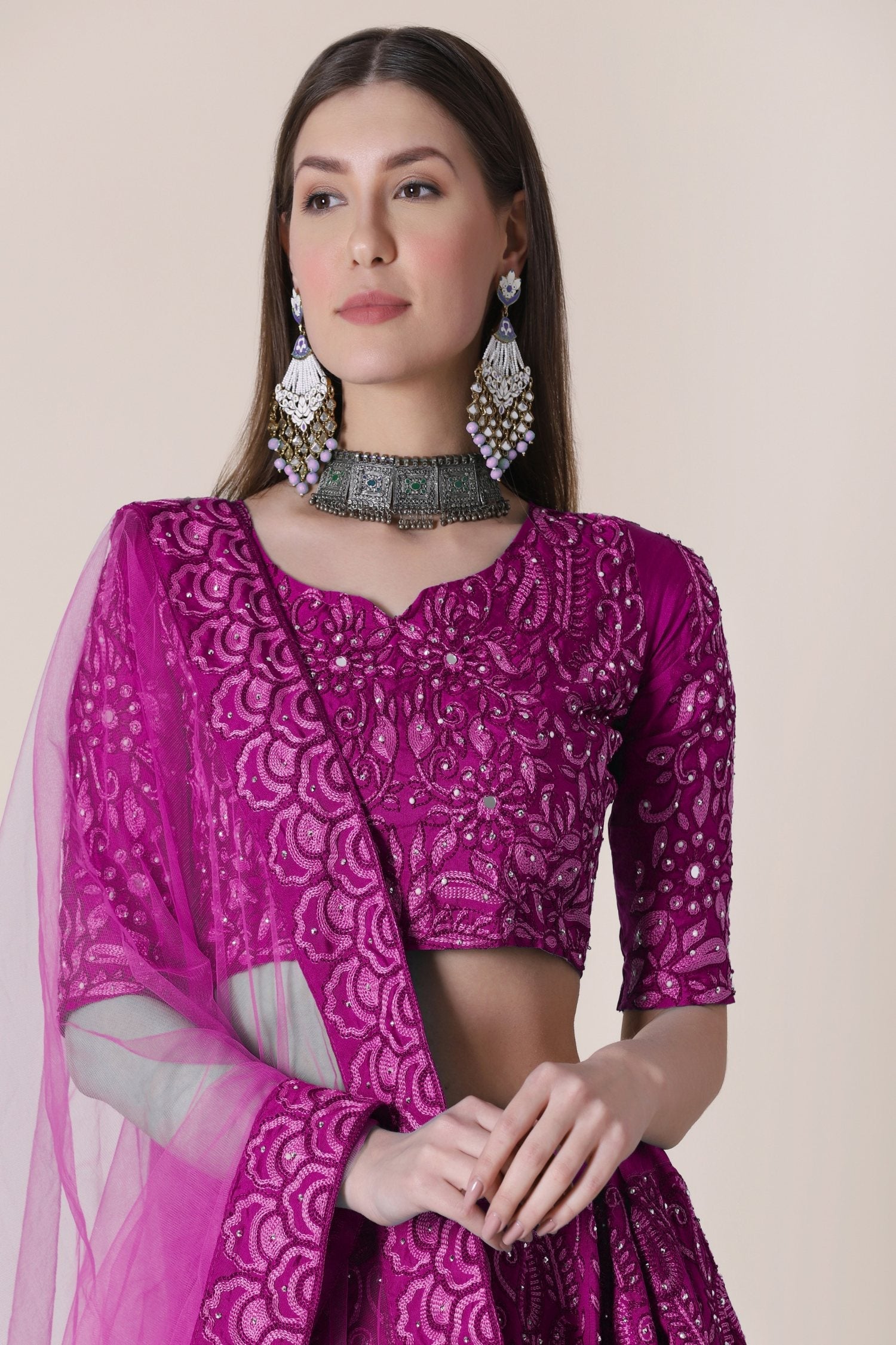 Jyoti Fashion Women's Purple Taffeta Silk Thread Embroidered Designer Lehenga Choli Set | Swadesiicart