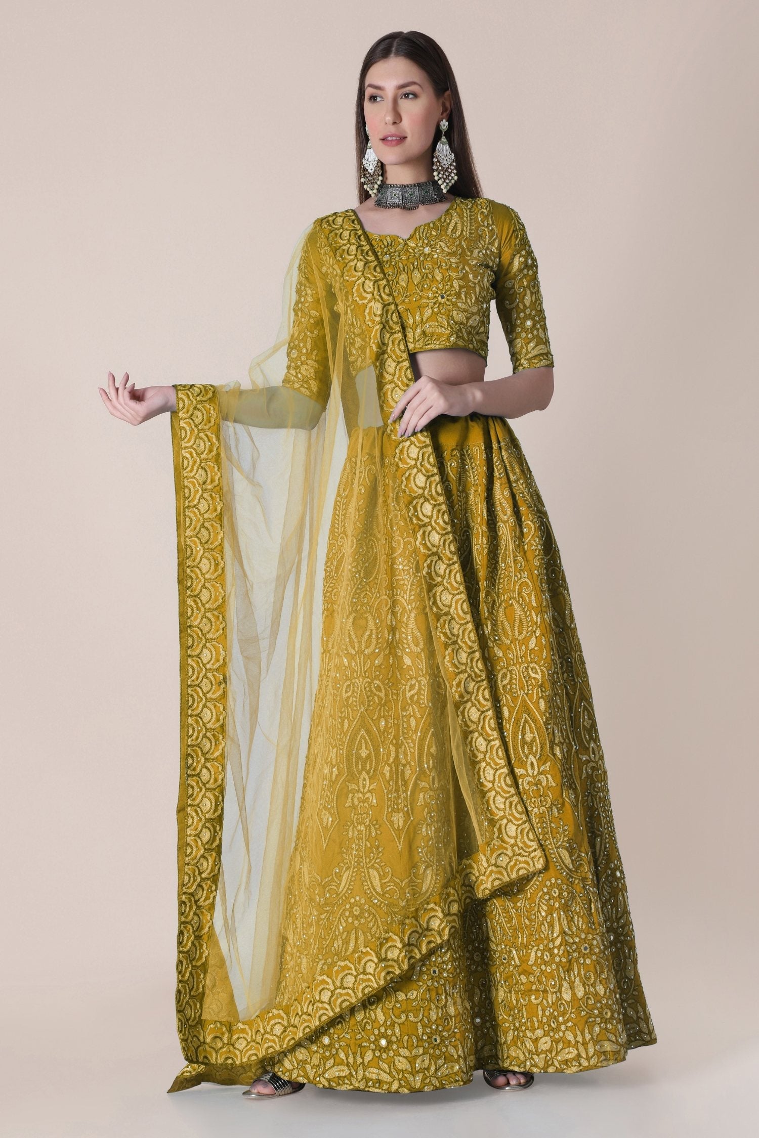 Jyoti Fashion Women's Mustard Taffeta Silk Thread Embroidered Designer Lehenga Choli Set | Swadesiicart