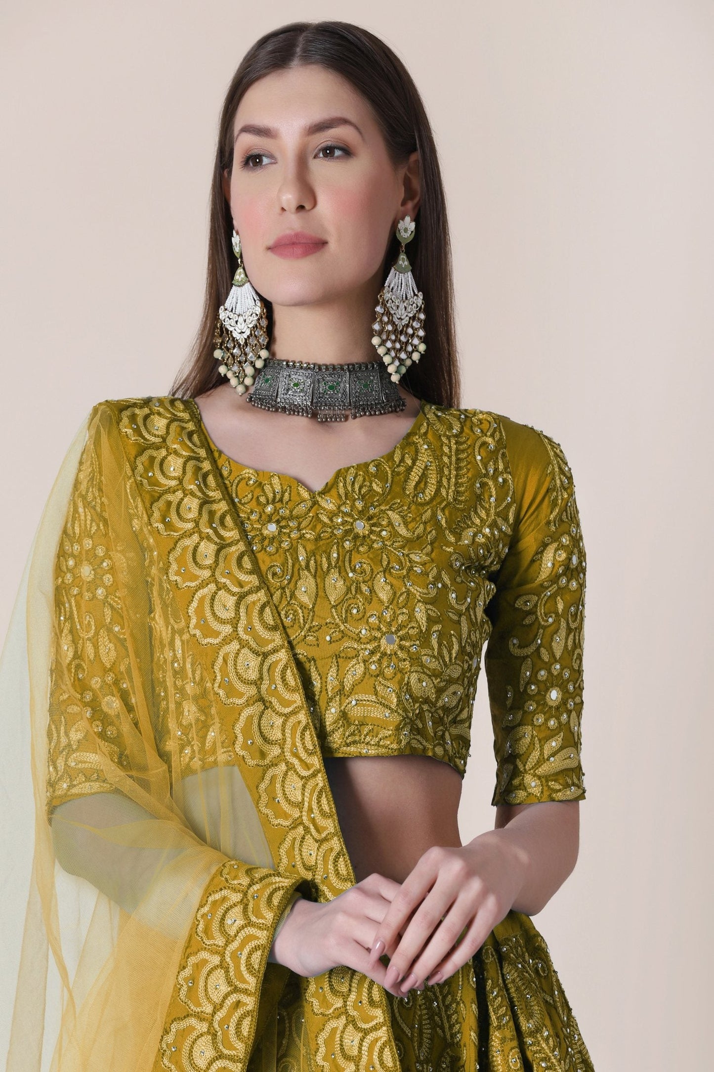 Jyoti Fashion Women's Mustard Taffeta Silk Thread Embroidered Designer Lehenga Choli Set | Swadesiicart