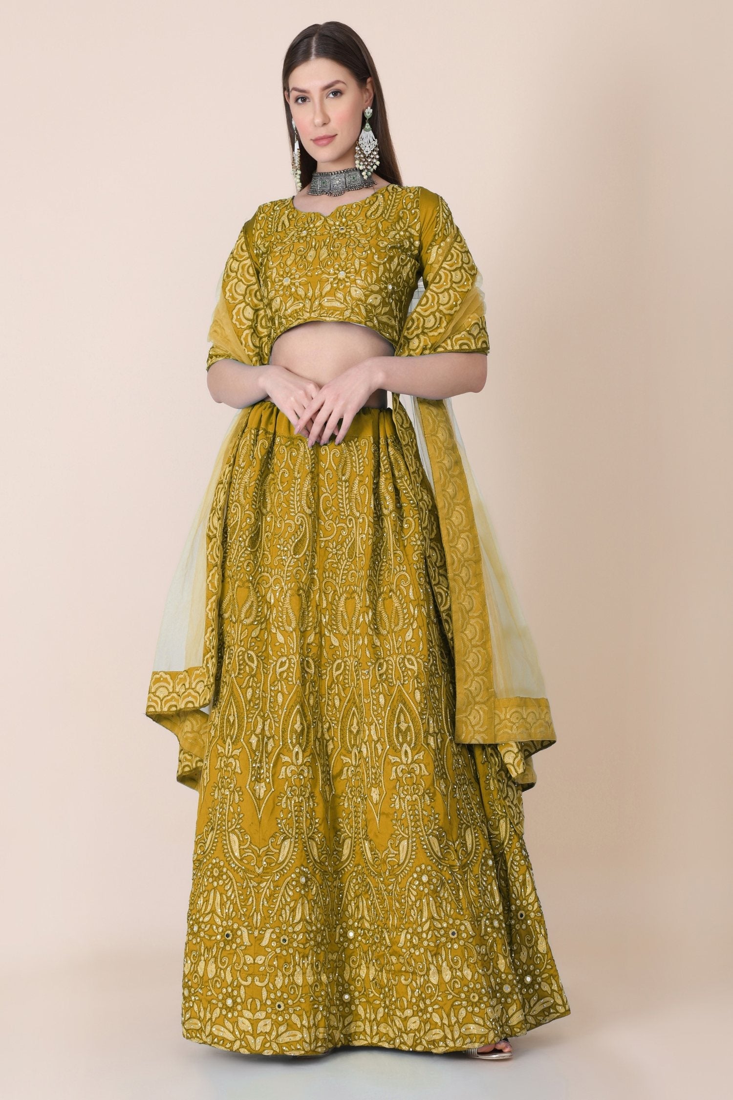 Jyoti Fashion Women's Mustard Taffeta Silk Thread Embroidered Designer Lehenga Choli Set | Swadesiicart