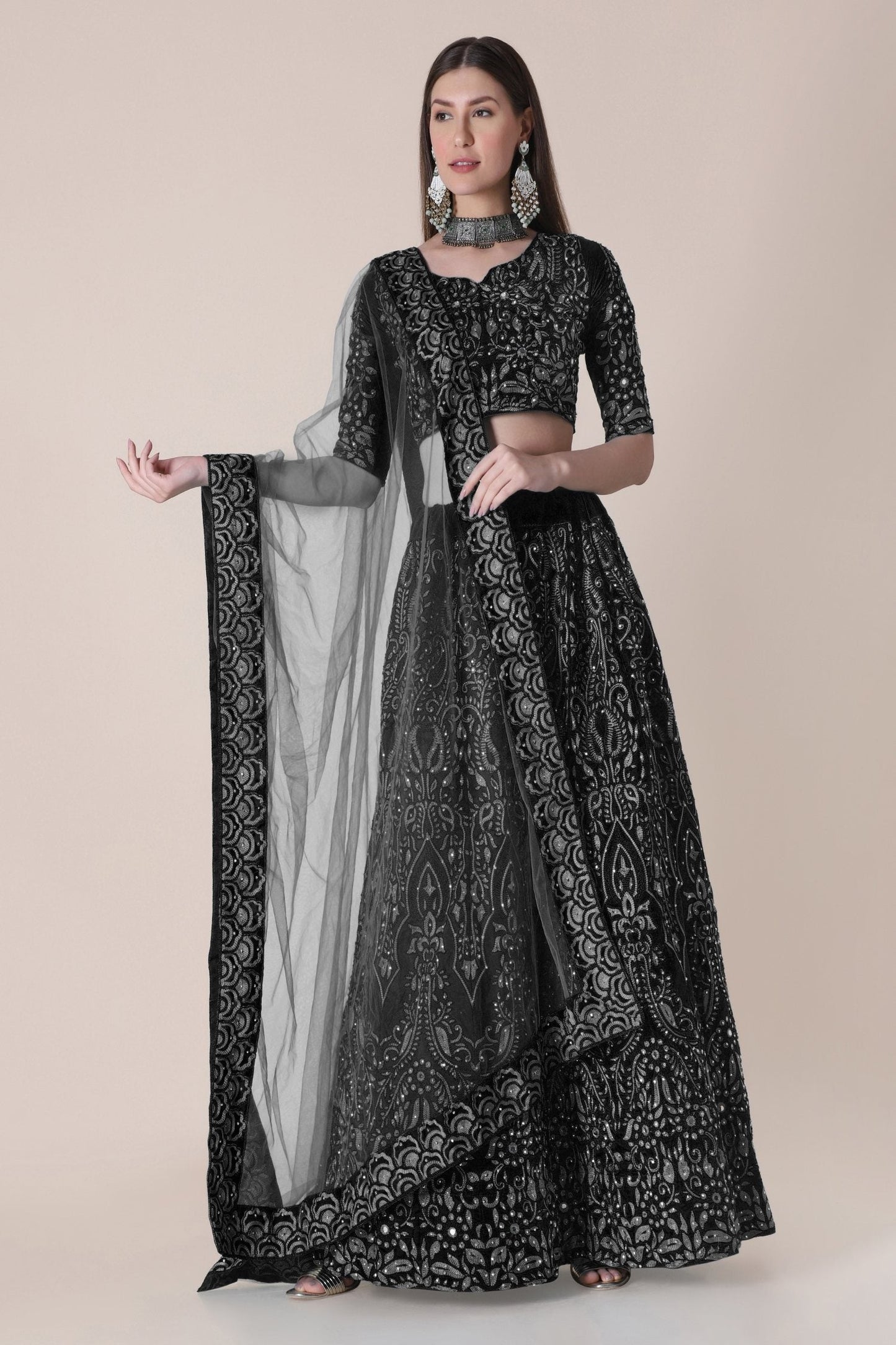 Jyoti Fashion Women's Black Taffeta Silk Thread Embroidered Designer Lehenga Choli Set | Swadesiicart