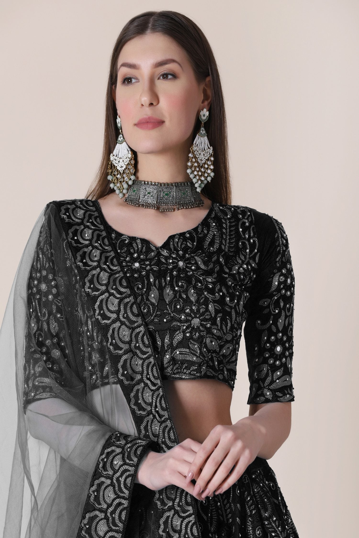 Jyoti Fashion Women's Black Taffeta Silk Thread Embroidered Designer Lehenga Choli Set | Swadesiicart