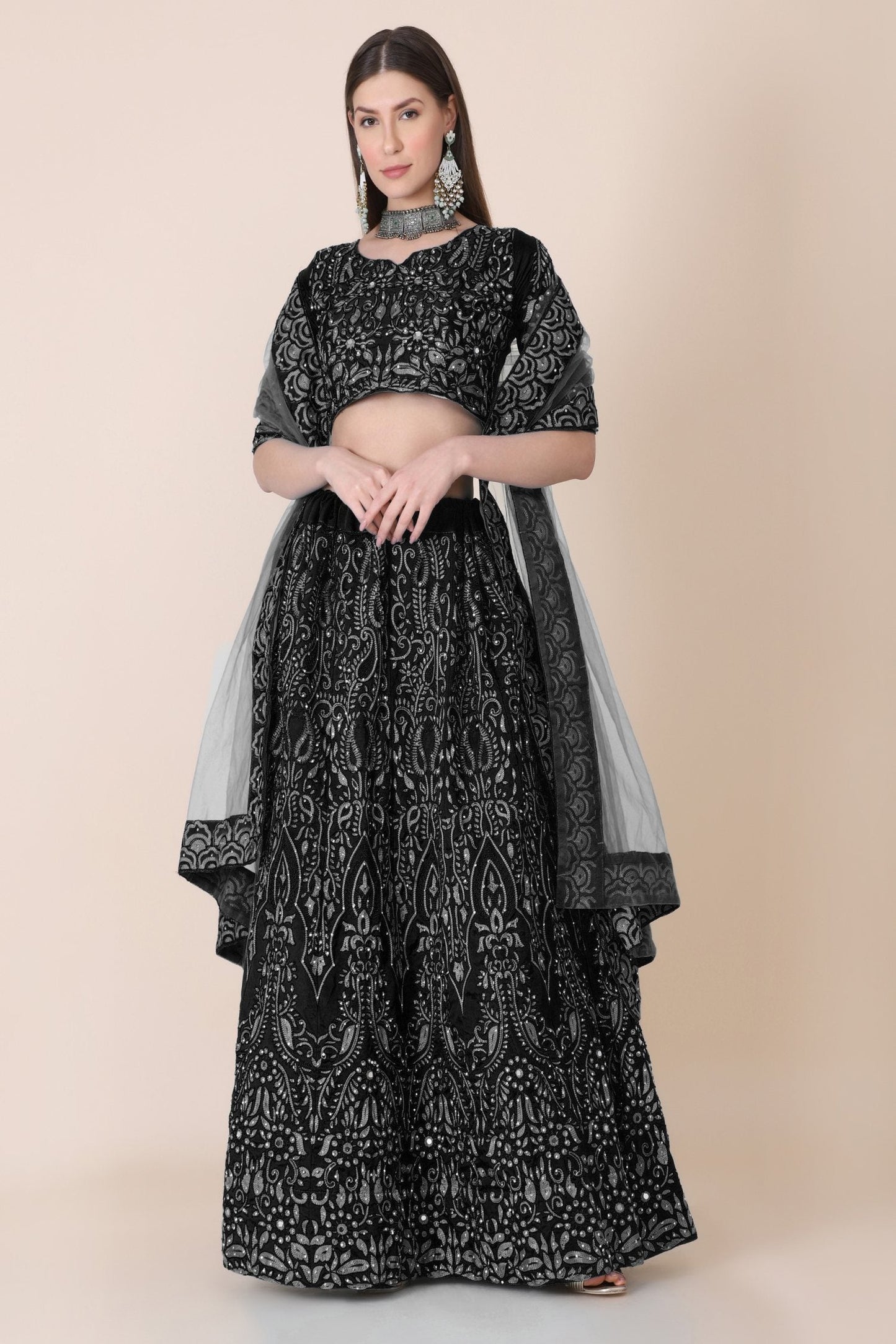 Jyoti Fashion Women's Black Taffeta Silk Thread Embroidered Designer Lehenga Choli Set | Swadesiicart