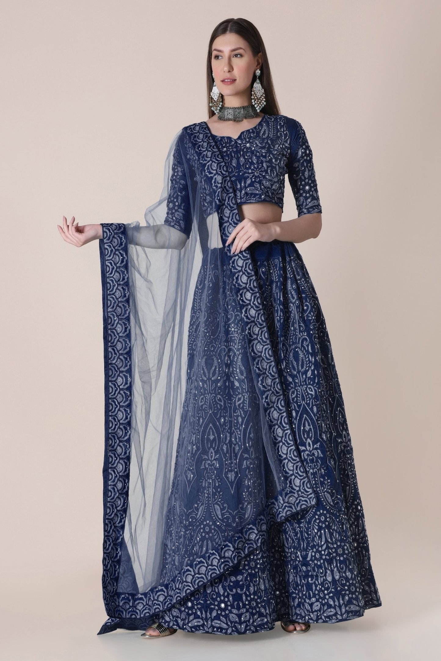 Jyoti Fashion Women's Navy Blue Taffeta Silk Thread Embroidered Designer Lehenga Choli Set | Swadesiicart