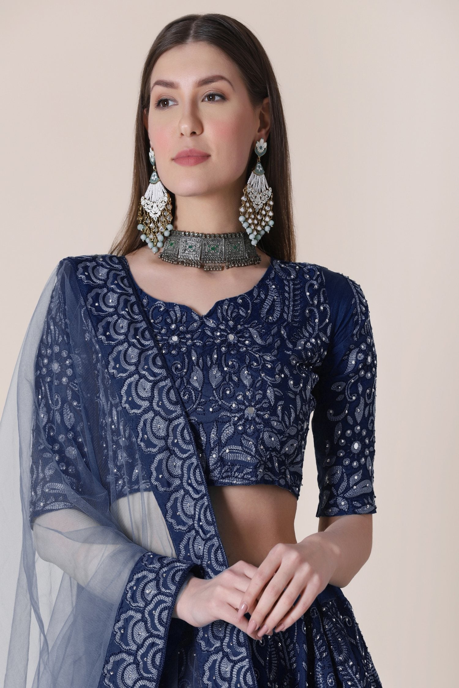 Jyoti Fashion Women's Navy Blue Taffeta Silk Thread Embroidered Designer Lehenga Choli Set | Swadesiicart