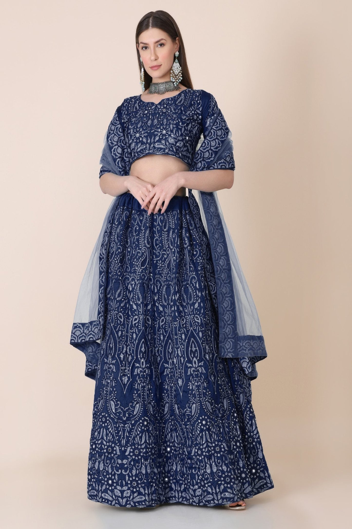 Jyoti Fashion Women's Navy Blue Taffeta Silk Thread Embroidered Designer Lehenga Choli Set | Swadesiicart