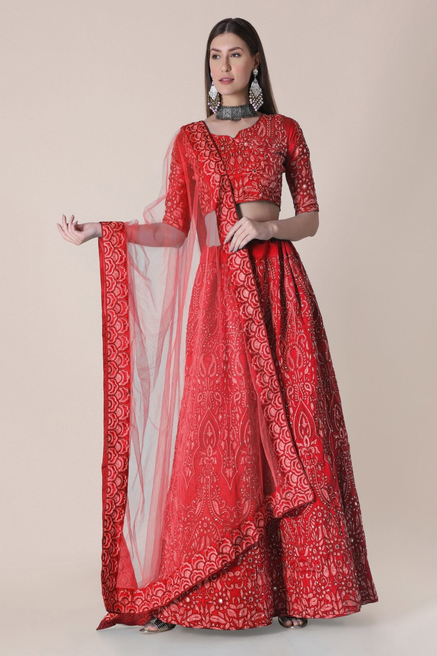Jyoti Fashion Women's Red Taffeta Silk Thread Embroidered Designer Lehenga Choli Set | Swadesiicart