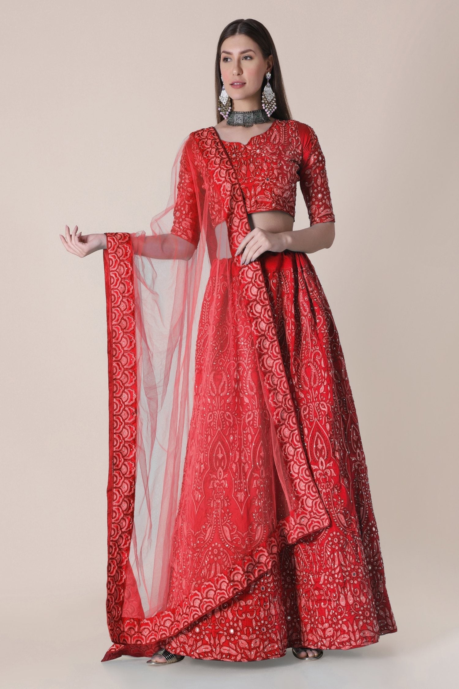 Jyoti Fashion Women's Red Taffeta Silk Thread Embroidered Designer Lehenga Choli Set | Swadesiicart