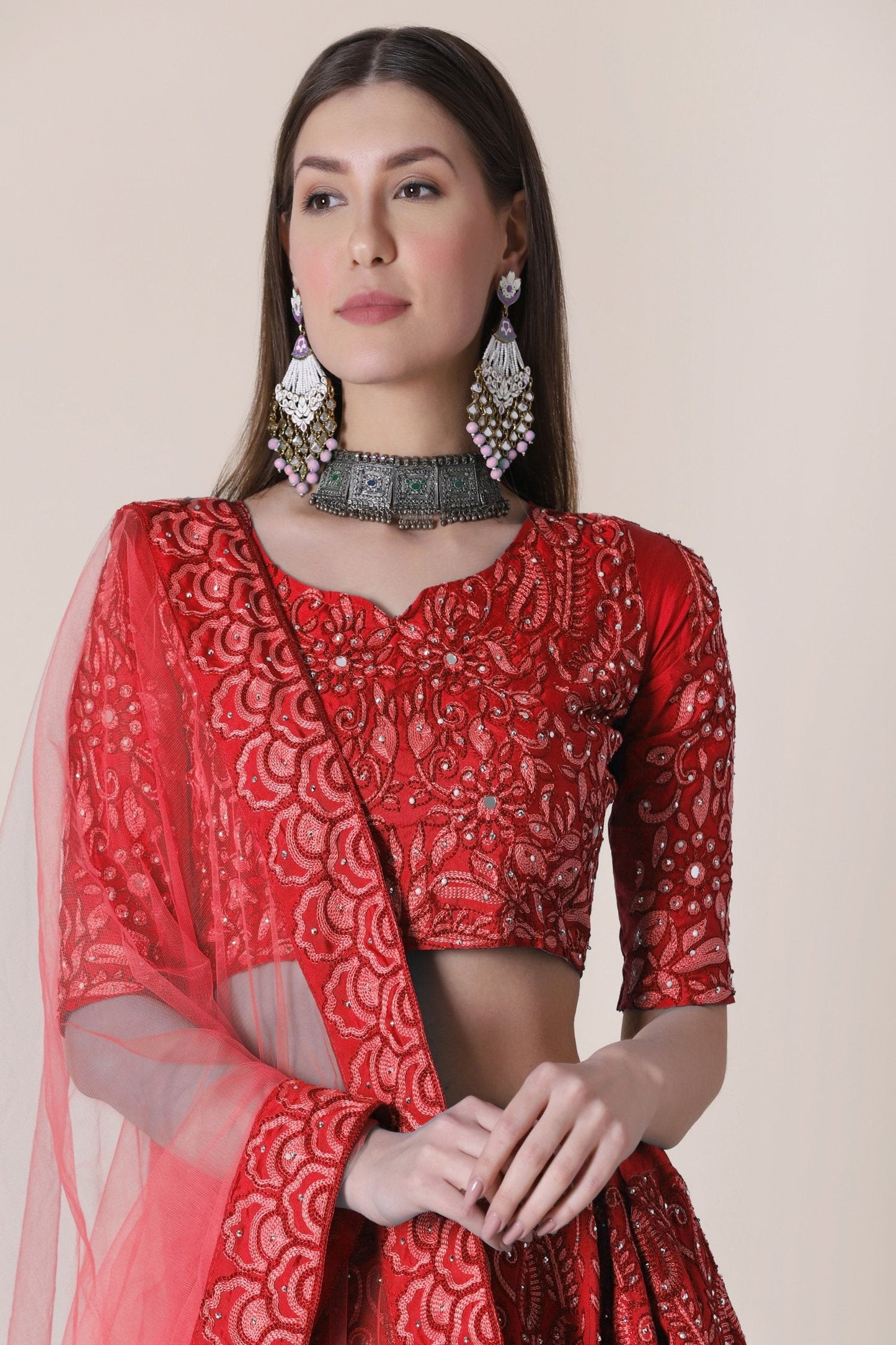 Jyoti Fashion Women's Red Taffeta Silk Thread Embroidered Designer Lehenga Choli Set | Swadesiicart