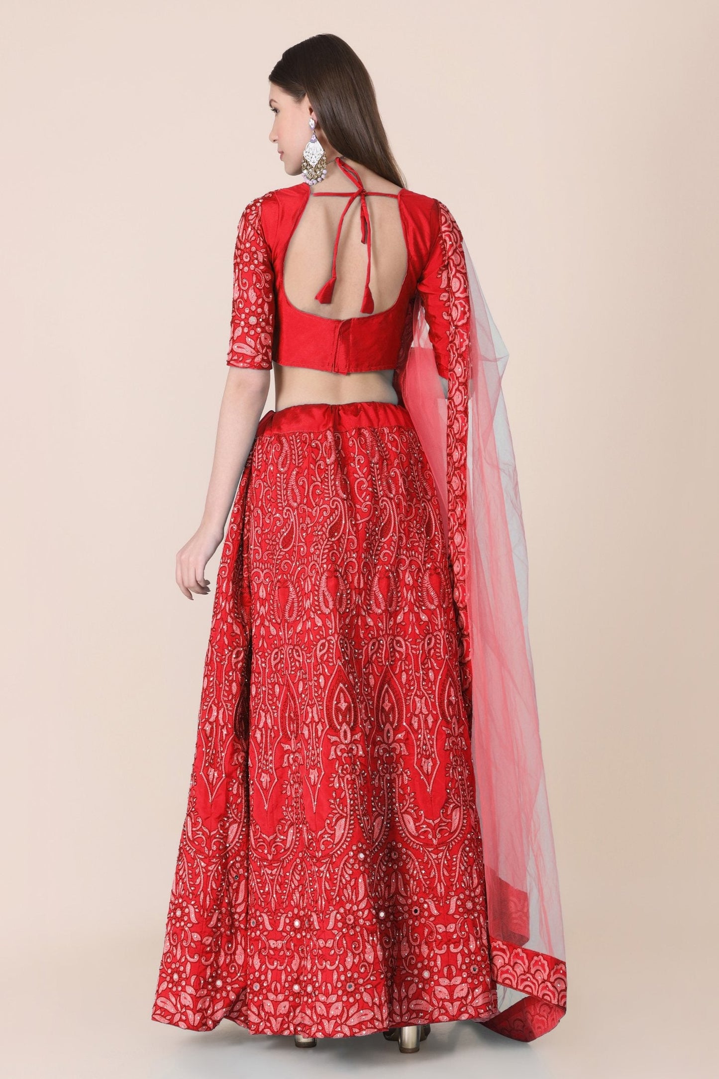 Jyoti Fashion Women's Red Taffeta Silk Thread Embroidered Designer Lehenga Choli Set | Swadesiicart
