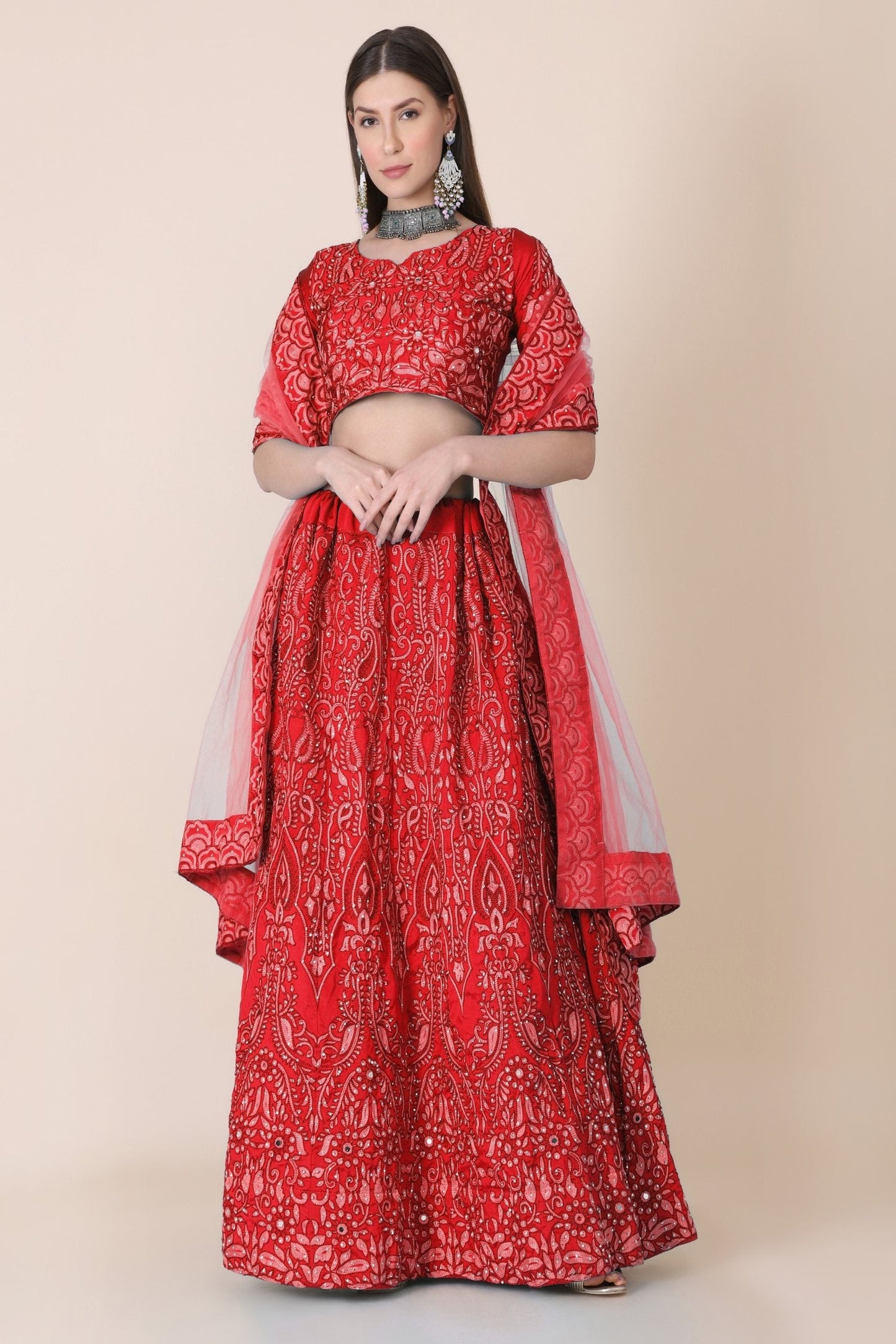 Jyoti Fashion Women's Red Taffeta Silk Thread Embroidered Designer Lehenga Choli Set | Swadesiicart