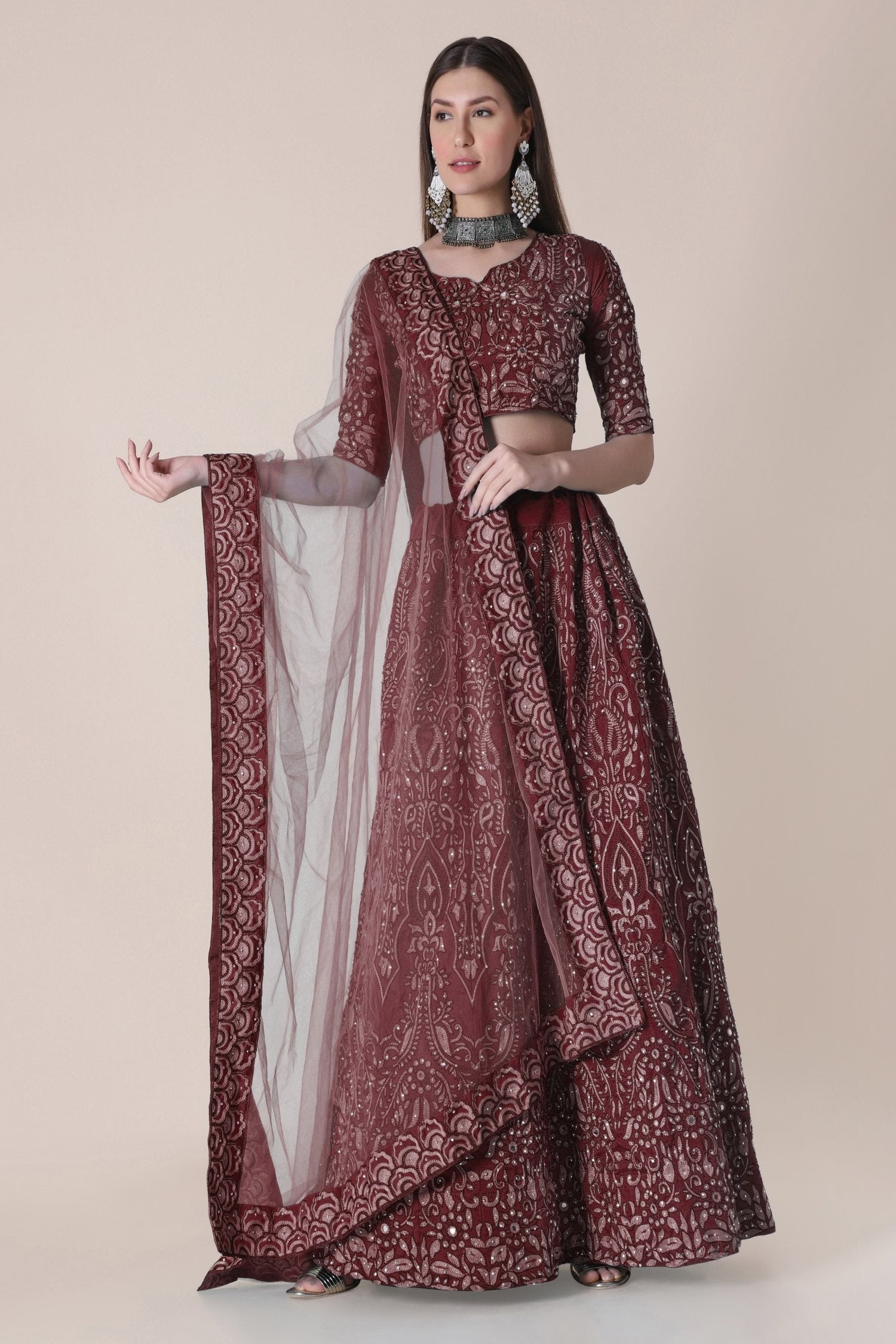 Jyoti Fashion Women's Maroon Taffeta Silk Thread Embroidered Designer Lehenga Choli Set | Swadesiicart