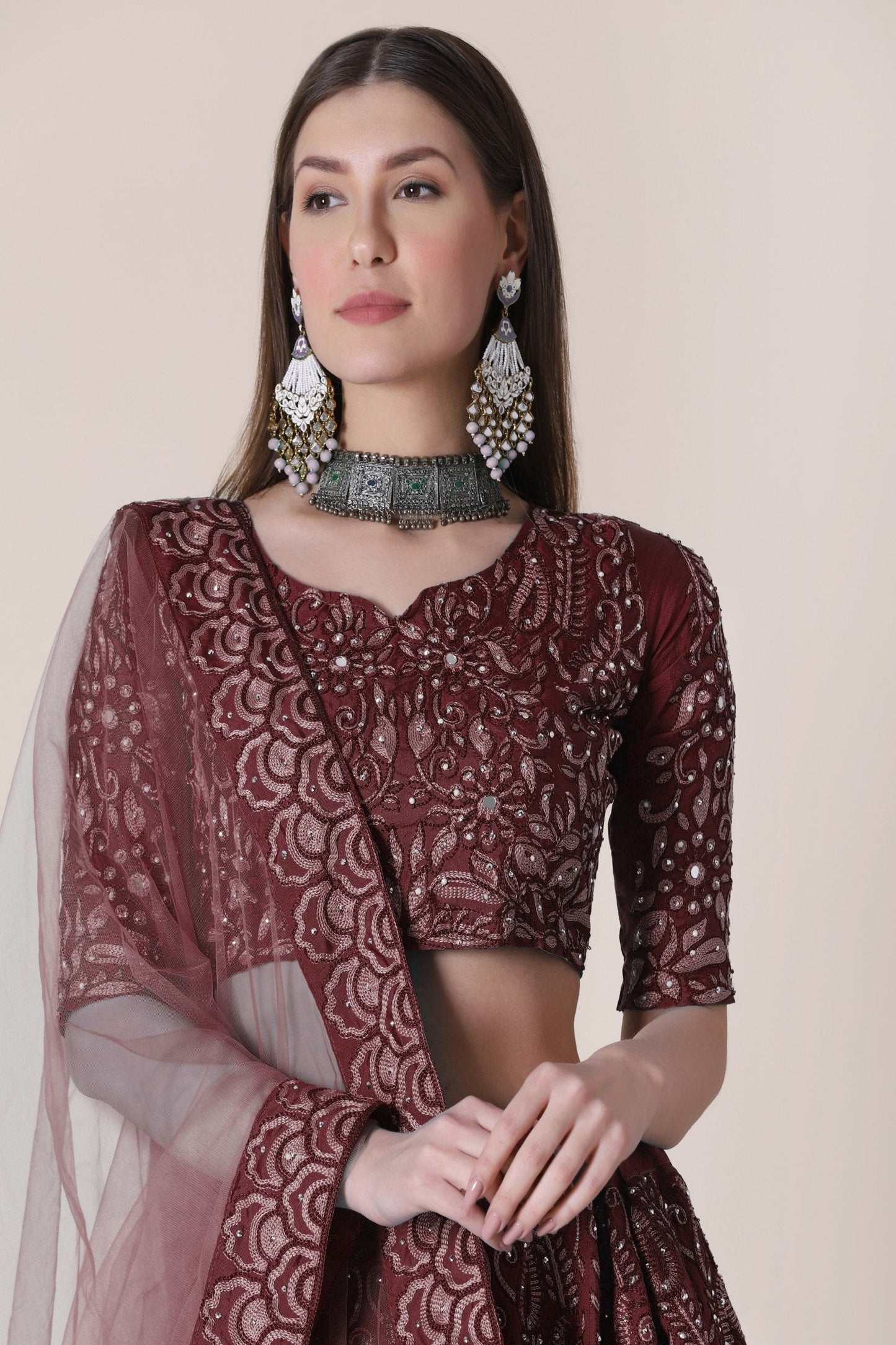 Jyoti Fashion Women's Maroon Taffeta Silk Thread Embroidered Designer Lehenga Choli Set | Swadesiicart