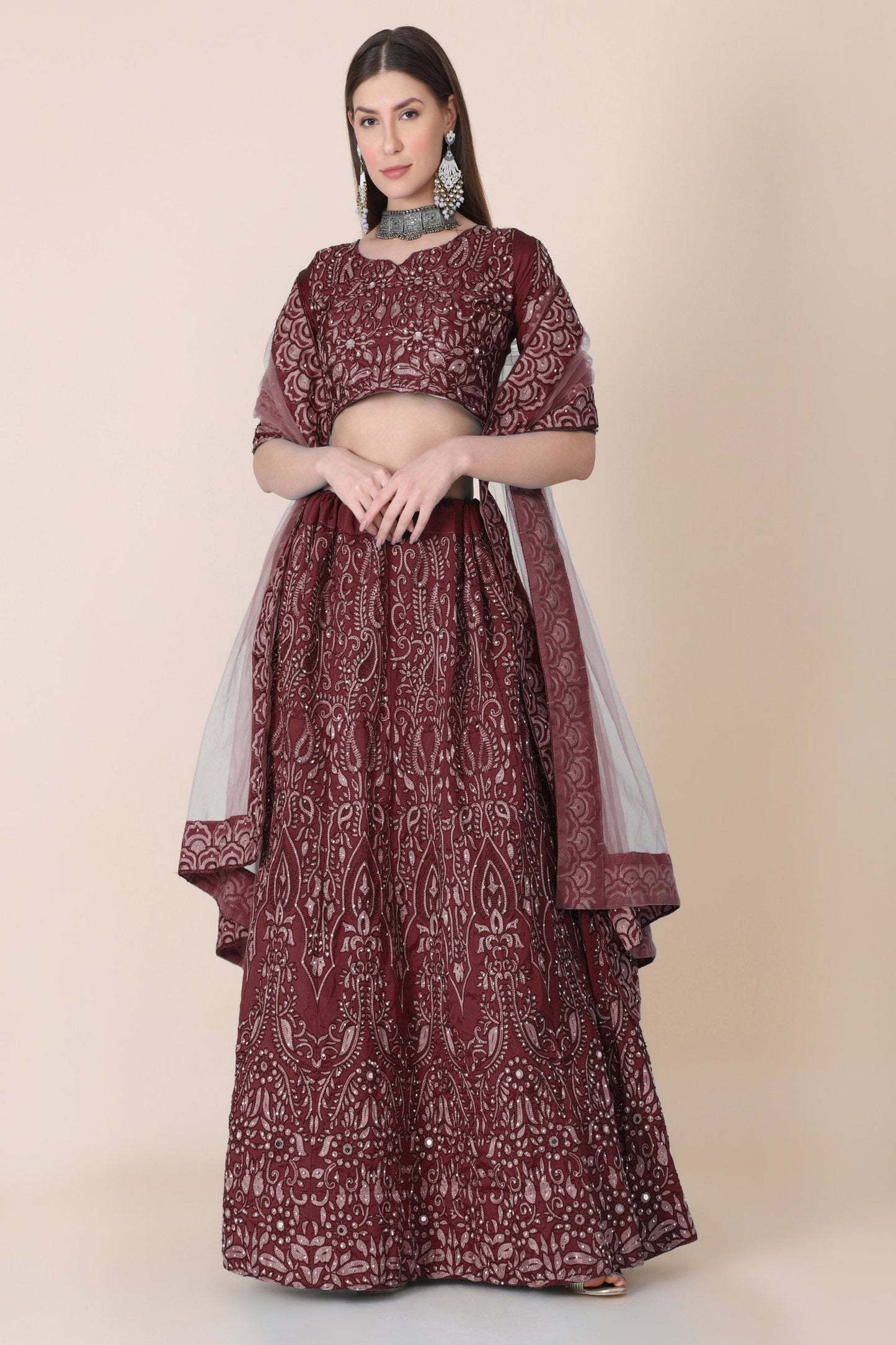 Jyoti Fashion Women's Maroon Taffeta Silk Thread Embroidered Designer Lehenga Choli Set | Swadesiicart