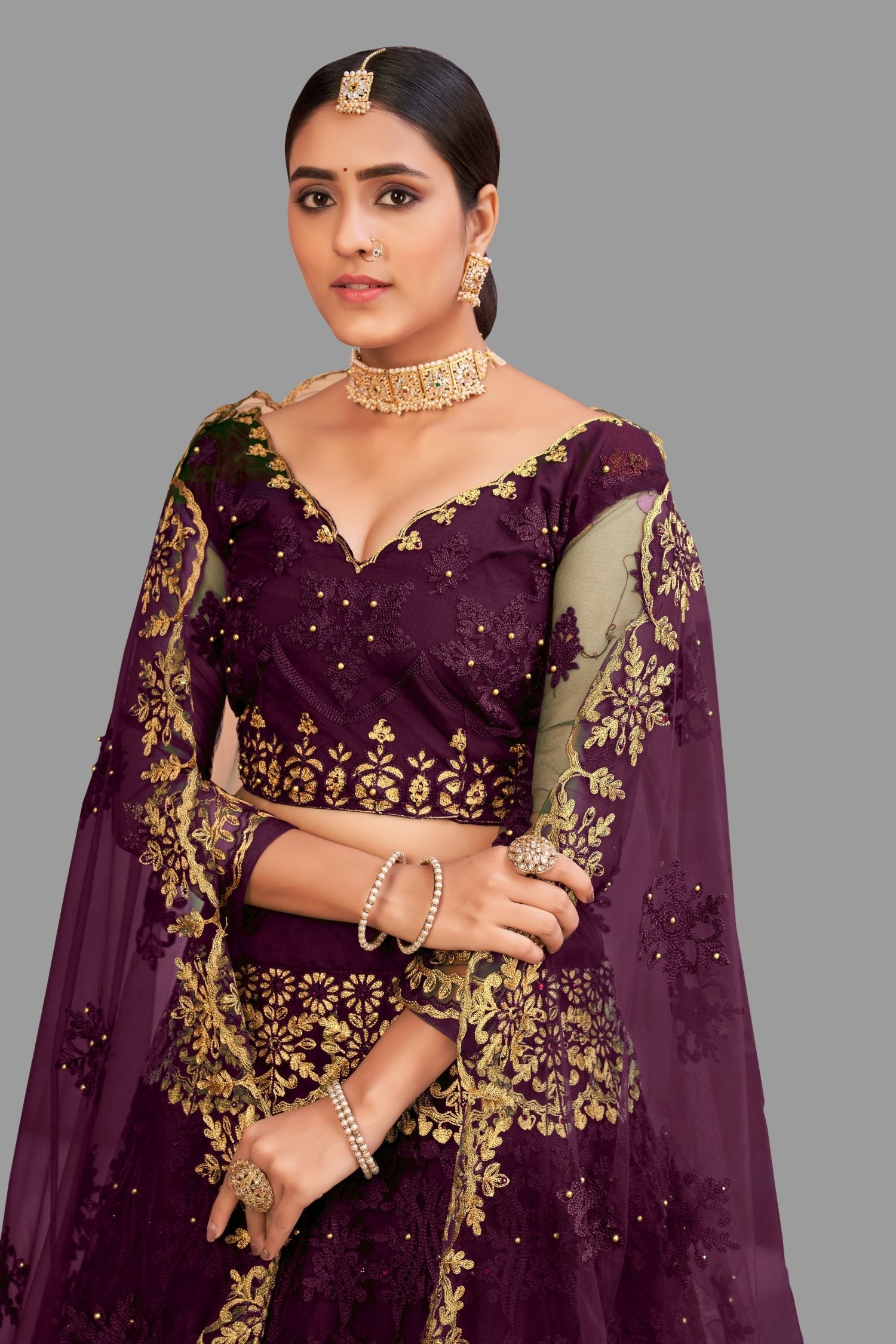 Jyoti Fashion Women's Purple Net Thread Embroidered Designer Lehenga Choli Set | Swadesiicart