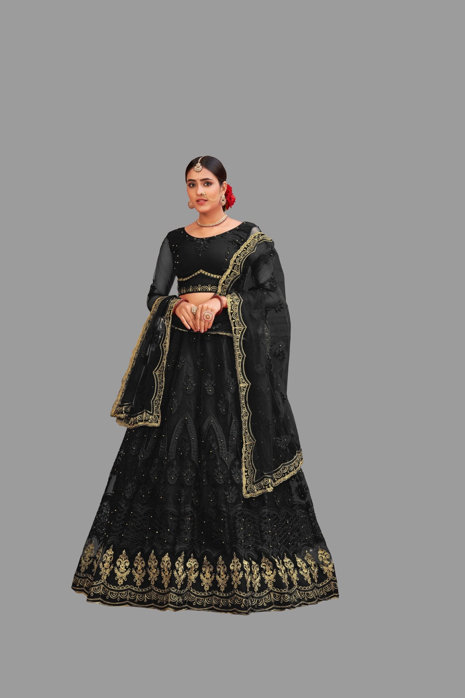 Jyoti Fashion Women's Black Net Thread Embroidered Designer Lehenga Choli Set | Swadesiicart