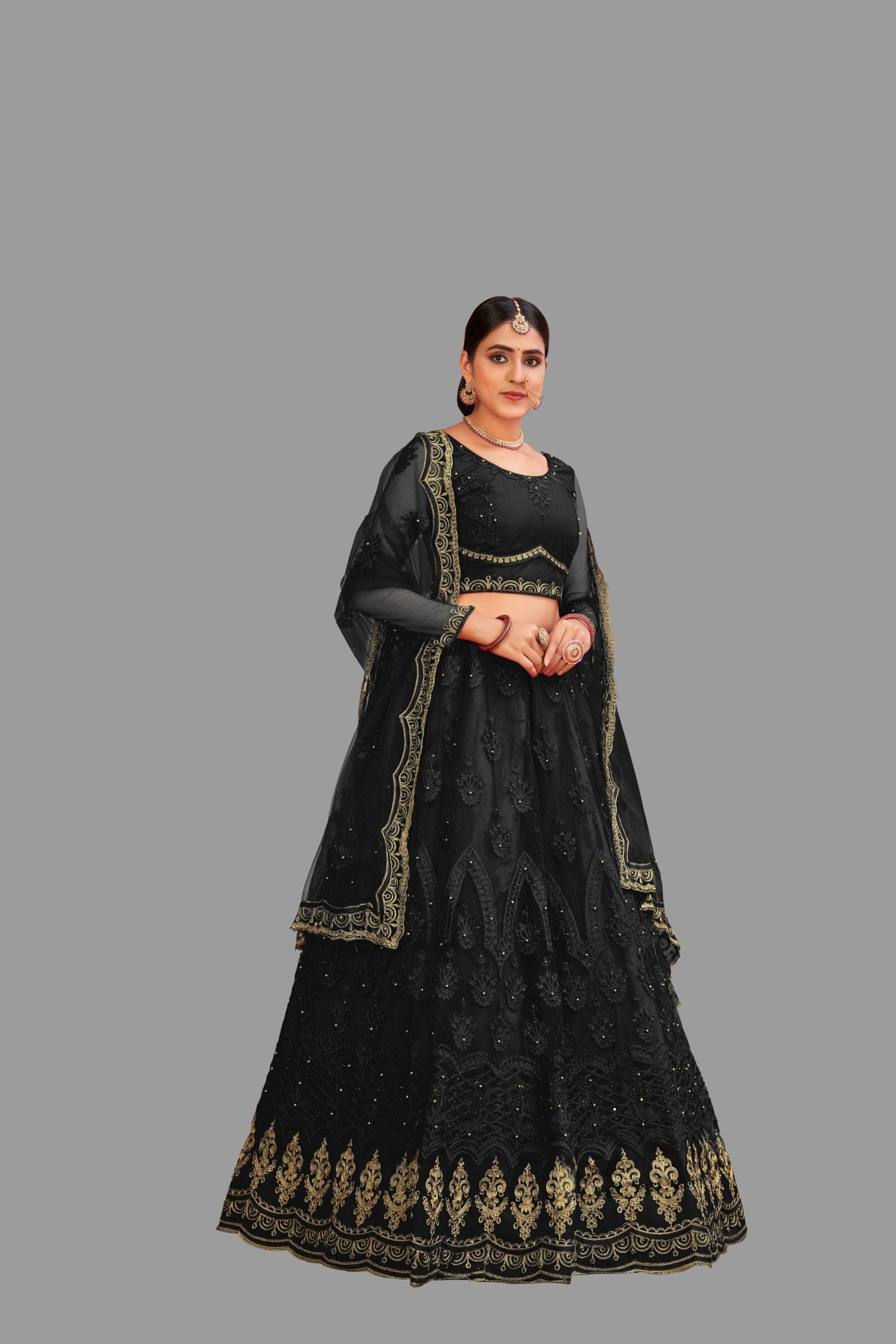 Jyoti Fashion Women's Black Net Thread Embroidered Designer Lehenga Choli Set | Swadesiicart