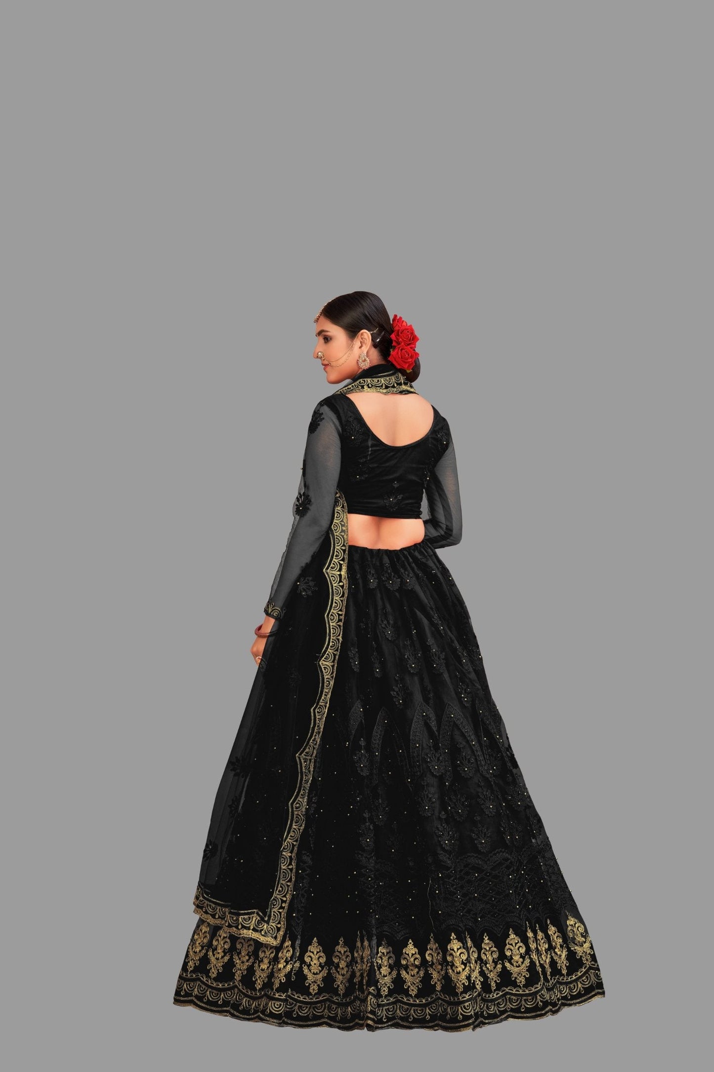 Jyoti Fashion Women's Black Net Thread Embroidered Designer Lehenga Choli Set | Swadesiicart