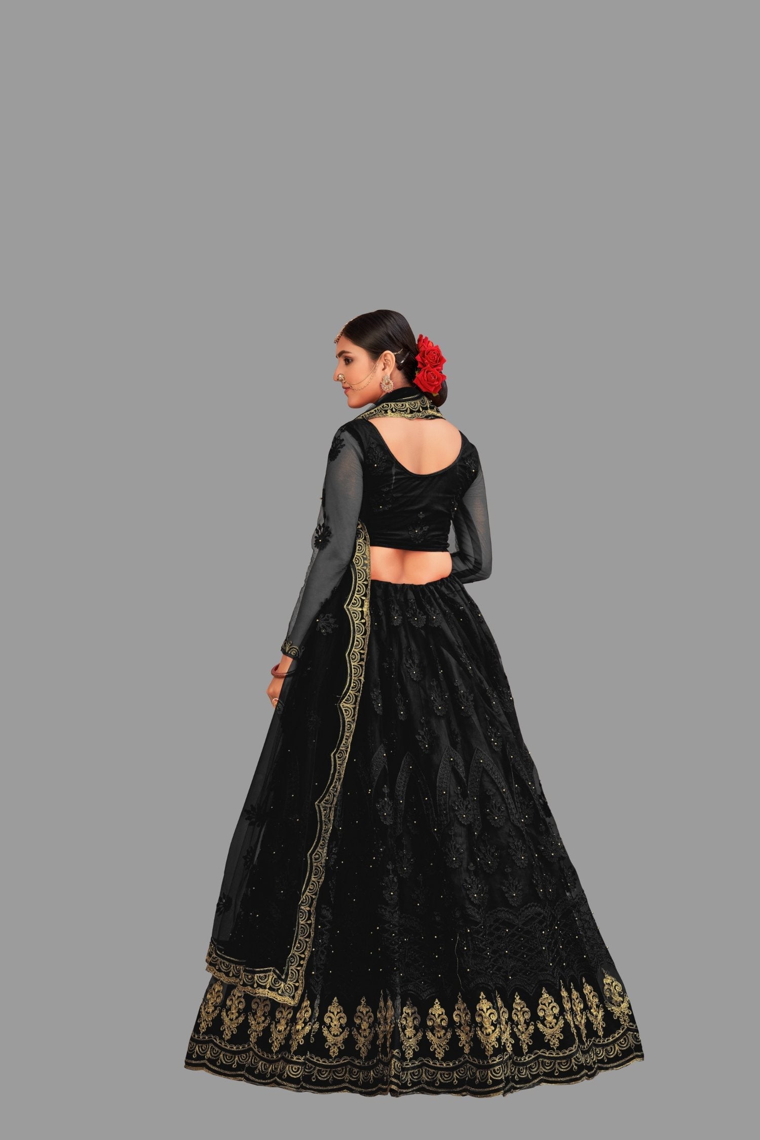 Jyoti Fashion Women's Black Net Thread Embroidered Designer Lehenga Choli Set | Swadesiicart