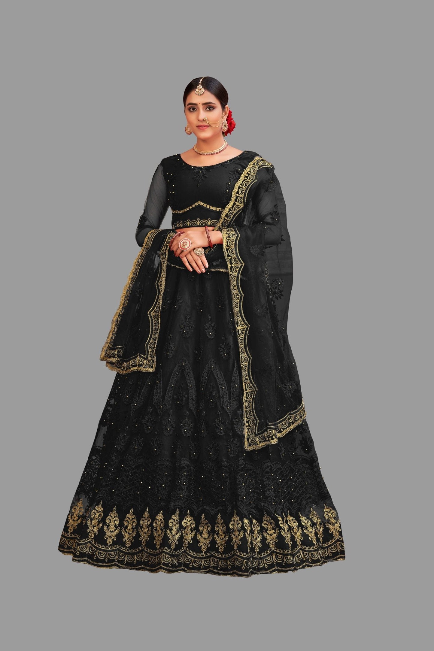 Jyoti Fashion Women's Black Net Thread Embroidered Designer Lehenga Choli Set | Swadesiicart