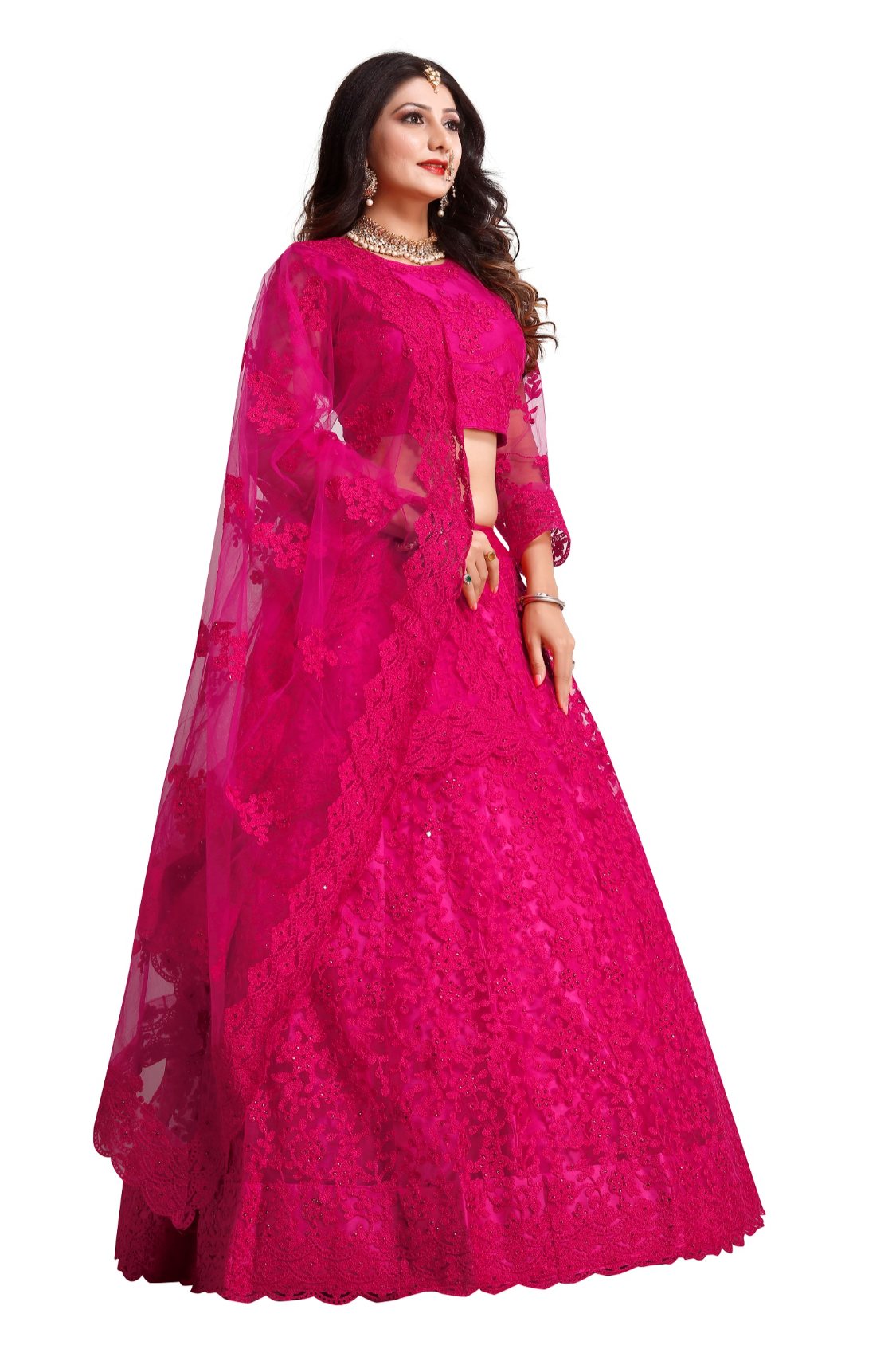Jyoti Fashion Women's Dark Pink Net Thread Embroidered Designer Lehenga Choli Set | Swadesiicart