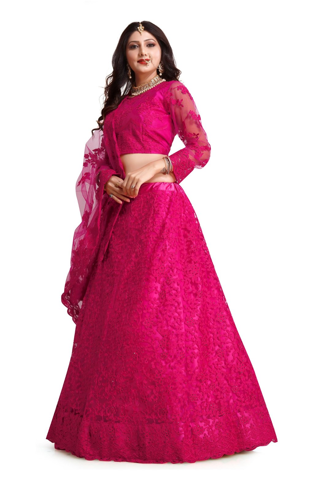 Jyoti Fashion Women's Dark Pink Net Thread Embroidered Designer Lehenga Choli Set | Swadesiicart