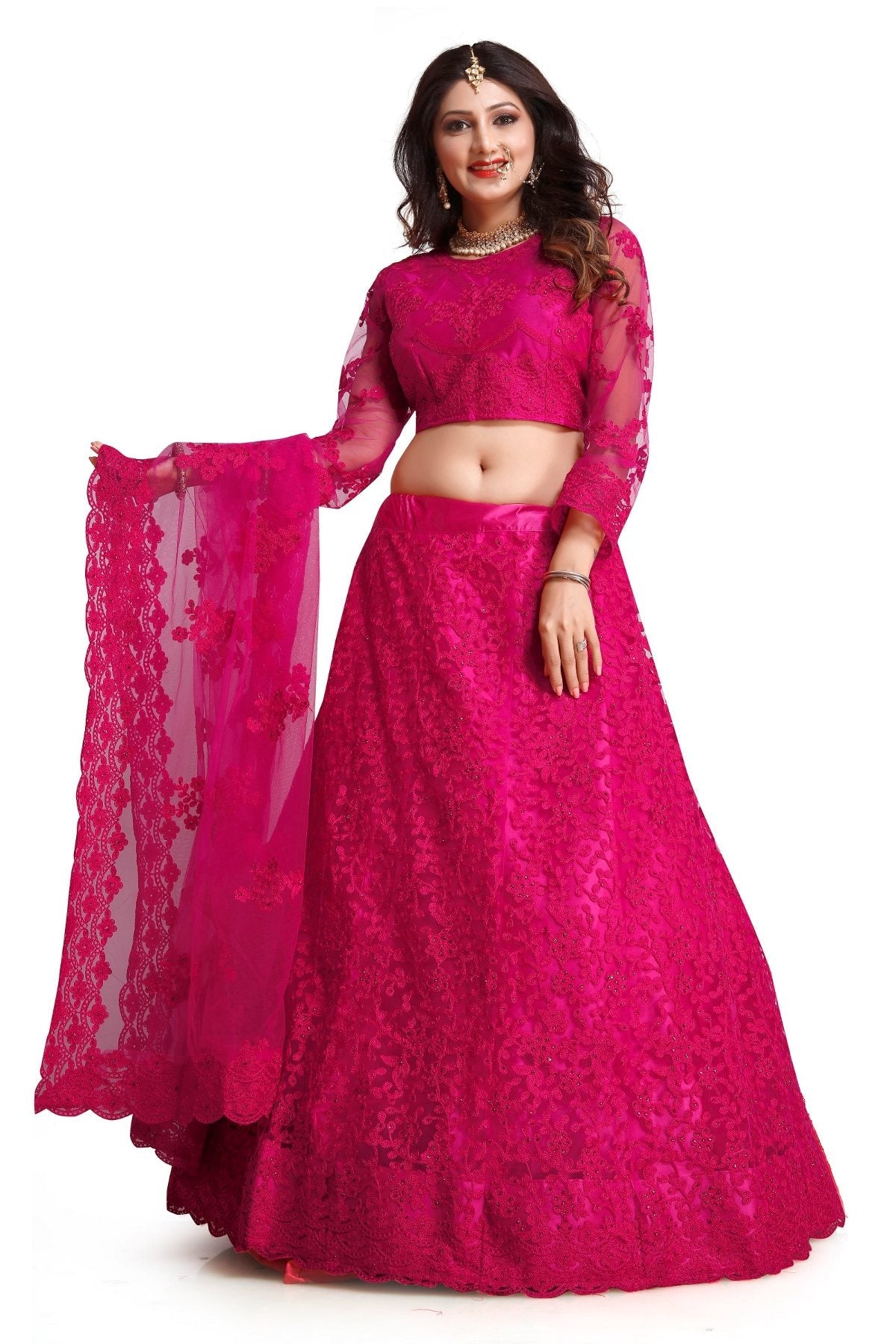 Jyoti Fashion Women's Dark Pink Net Thread Embroidered Designer Lehenga Choli Set | Swadesiicart
