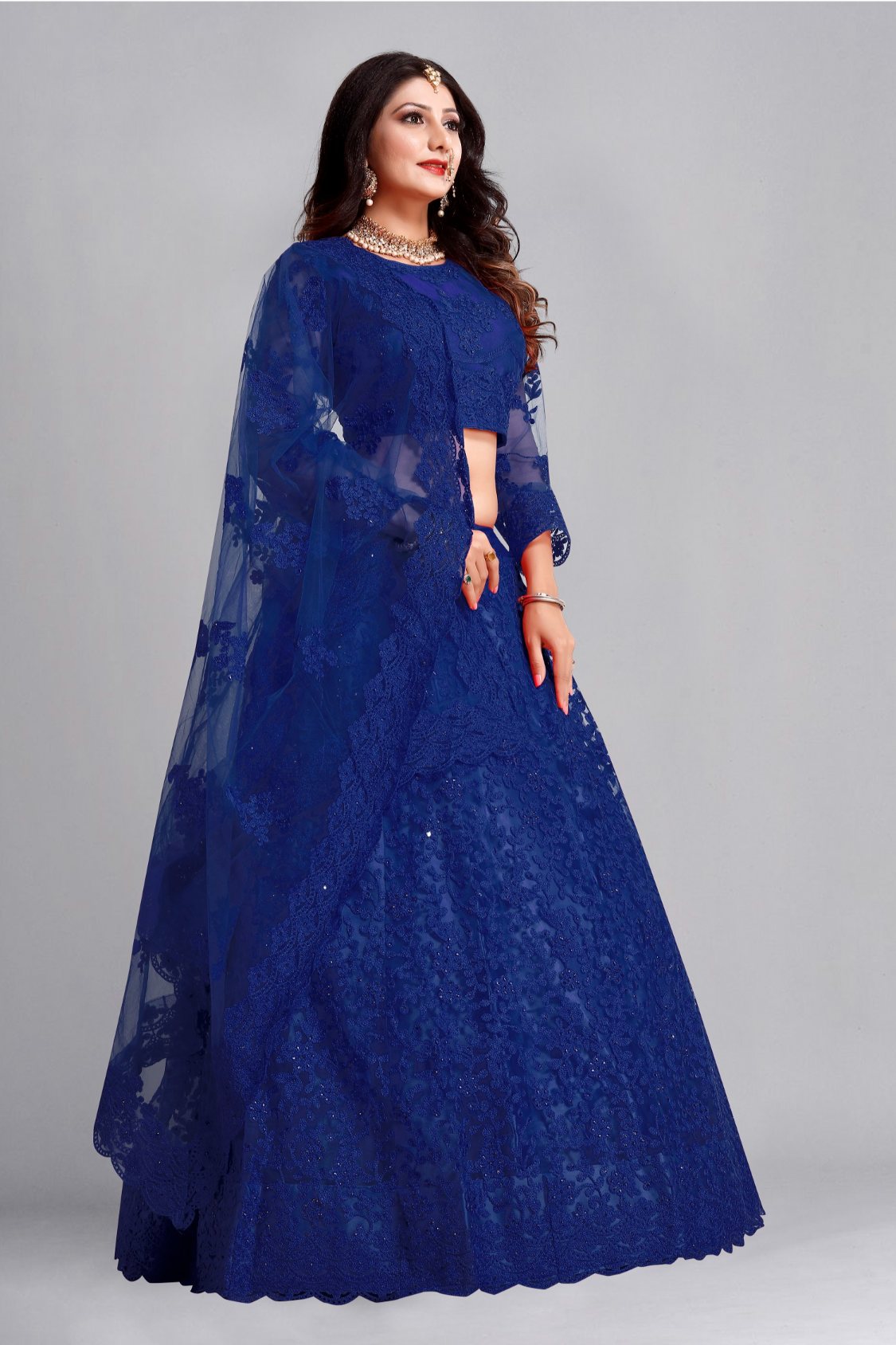 Jyoti Fashion Women's Blue Net Thread Embroidered Designer Lehenga Choli Set | Swadesiicart