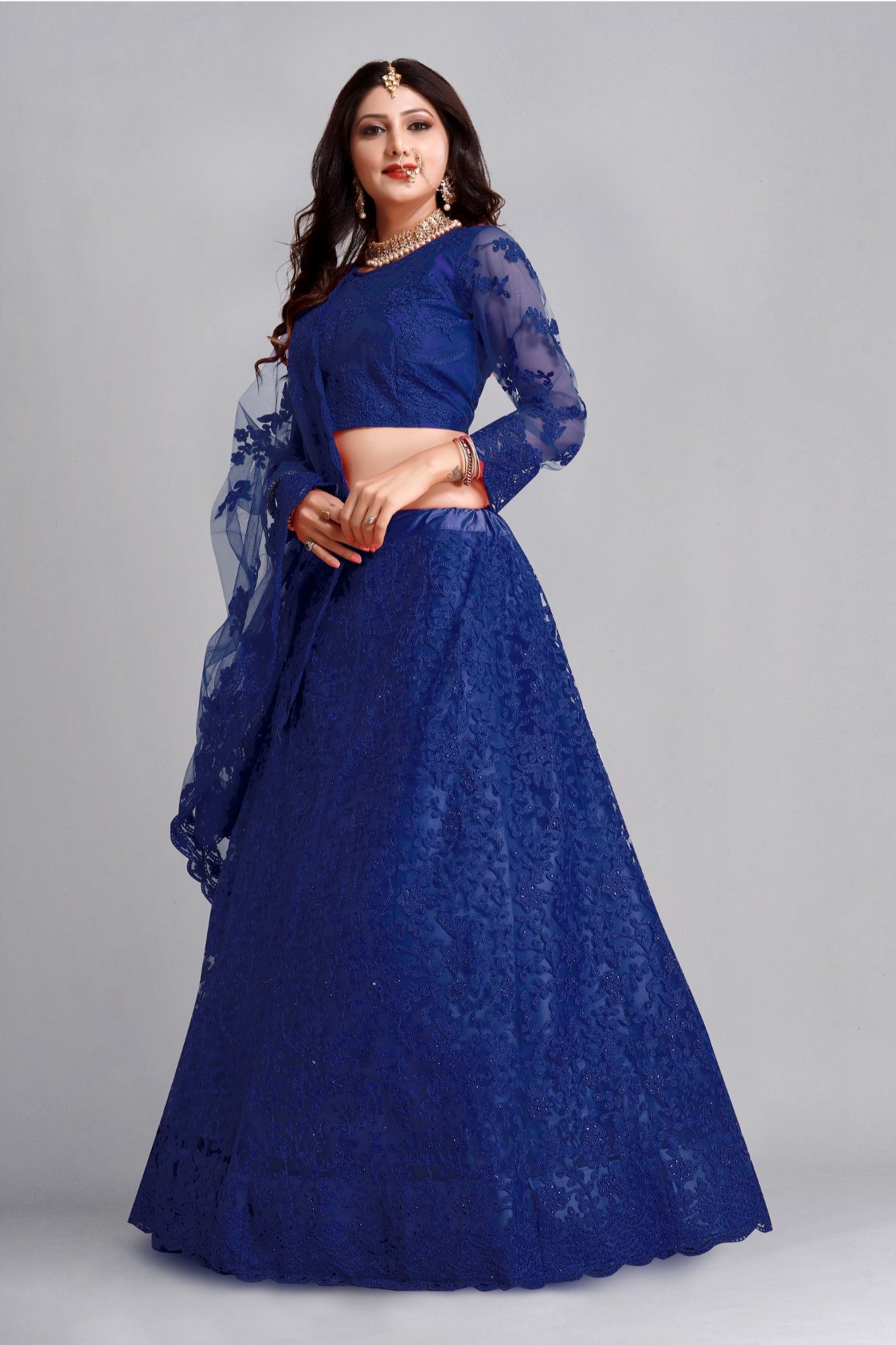 Jyoti Fashion Women's Blue Net Thread Embroidered Designer Lehenga Choli Set | Swadesiicart