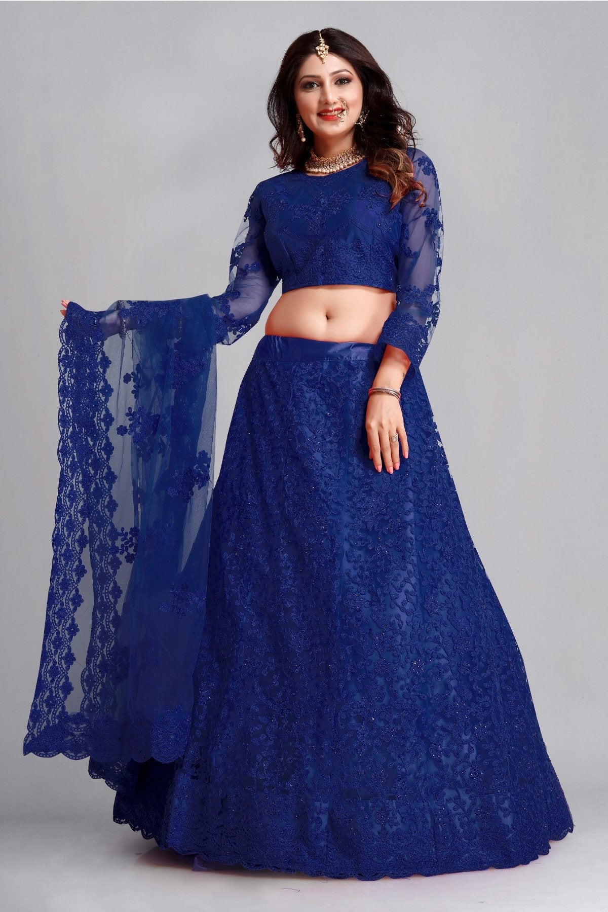 Jyoti Fashion Women's Blue Net Thread Embroidered Designer Lehenga Choli Set | Swadesiicart