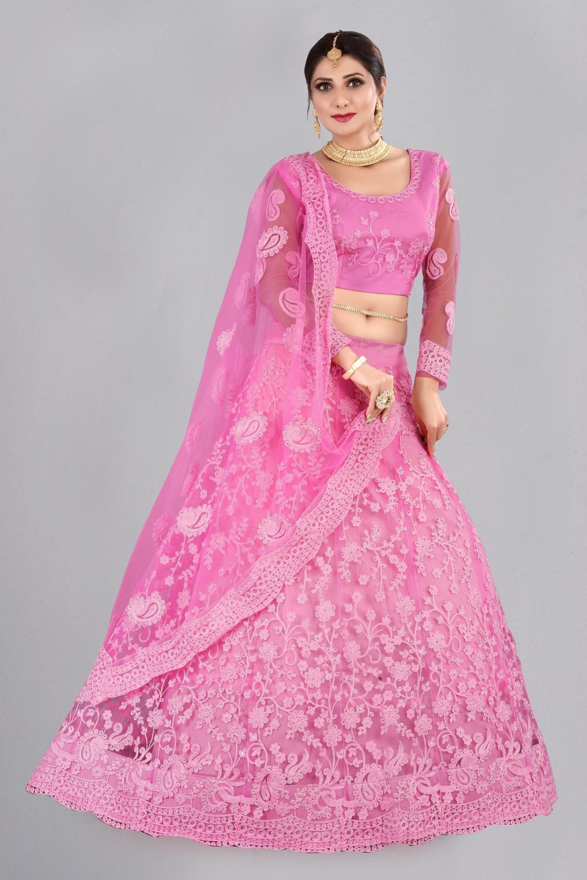 Jyoti Fashion Women's Baby Pink Net Thread Embroidered Designer Lehenga Choli Set | Swadesiicart
