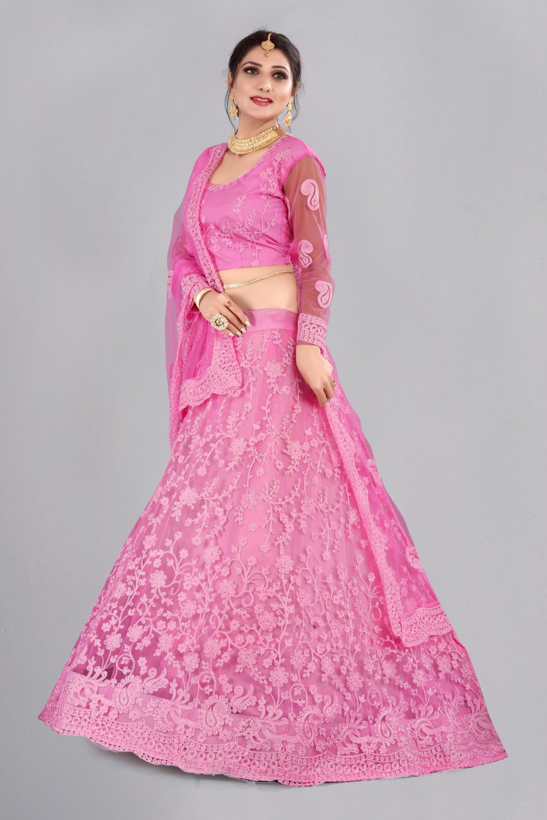 Jyoti Fashion Women's Baby Pink Net Thread Embroidered Designer Lehenga Choli Set | Swadesiicart