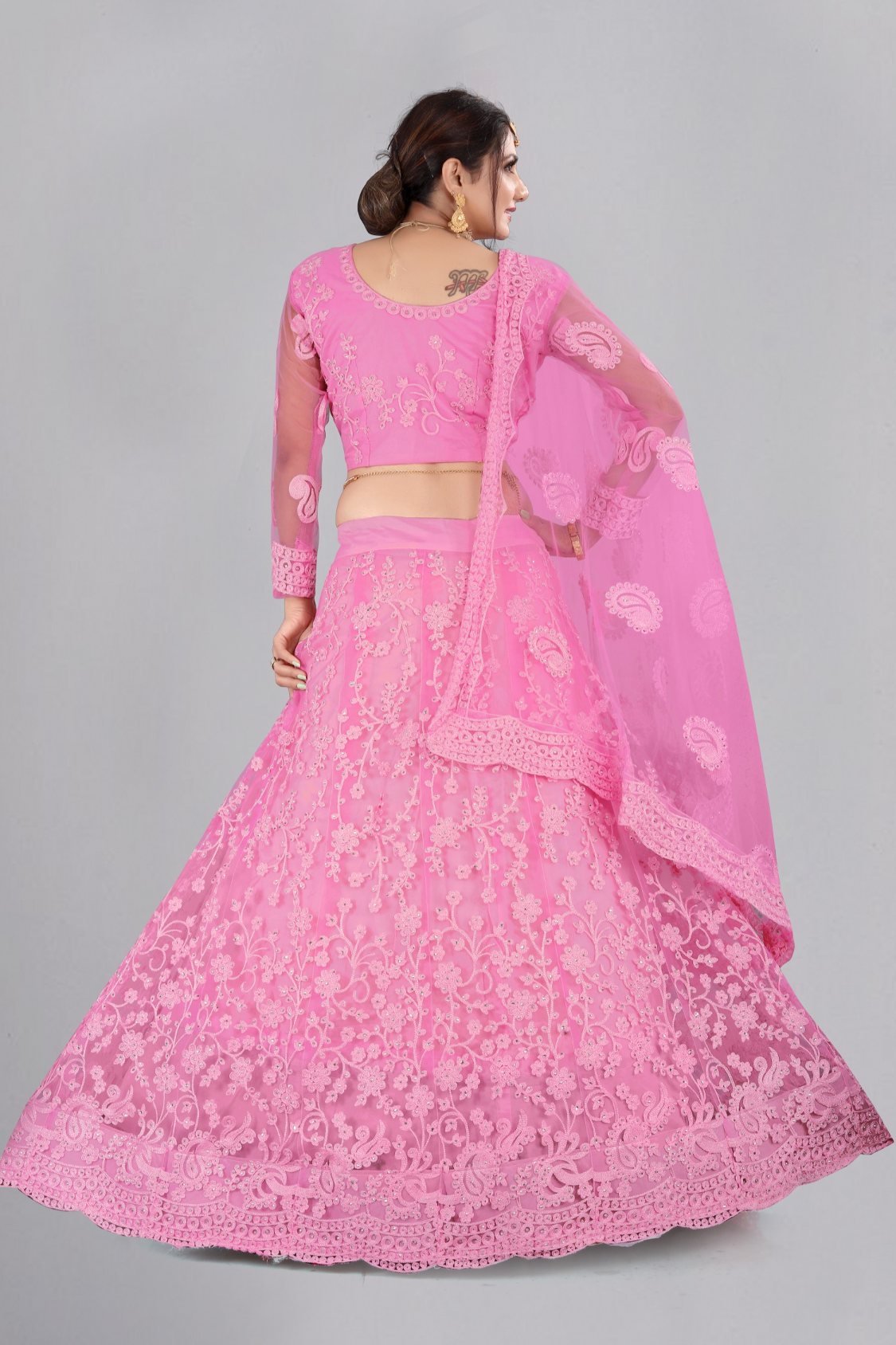 Jyoti Fashion Women's Baby Pink Net Thread Embroidered Designer Lehenga Choli Set | Swadesiicart