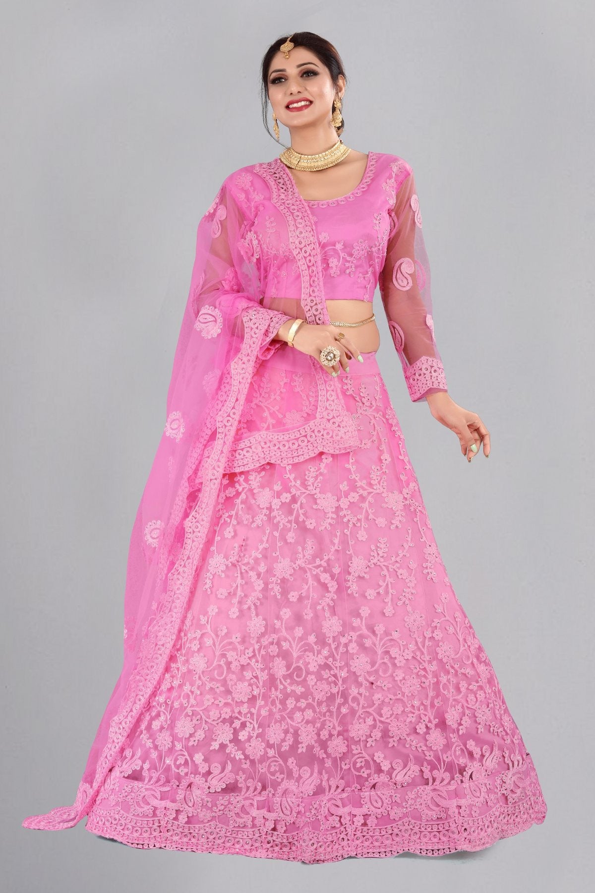 Jyoti Fashion Women's Baby Pink Net Thread Embroidered Designer Lehenga Choli Set | Swadesiicart