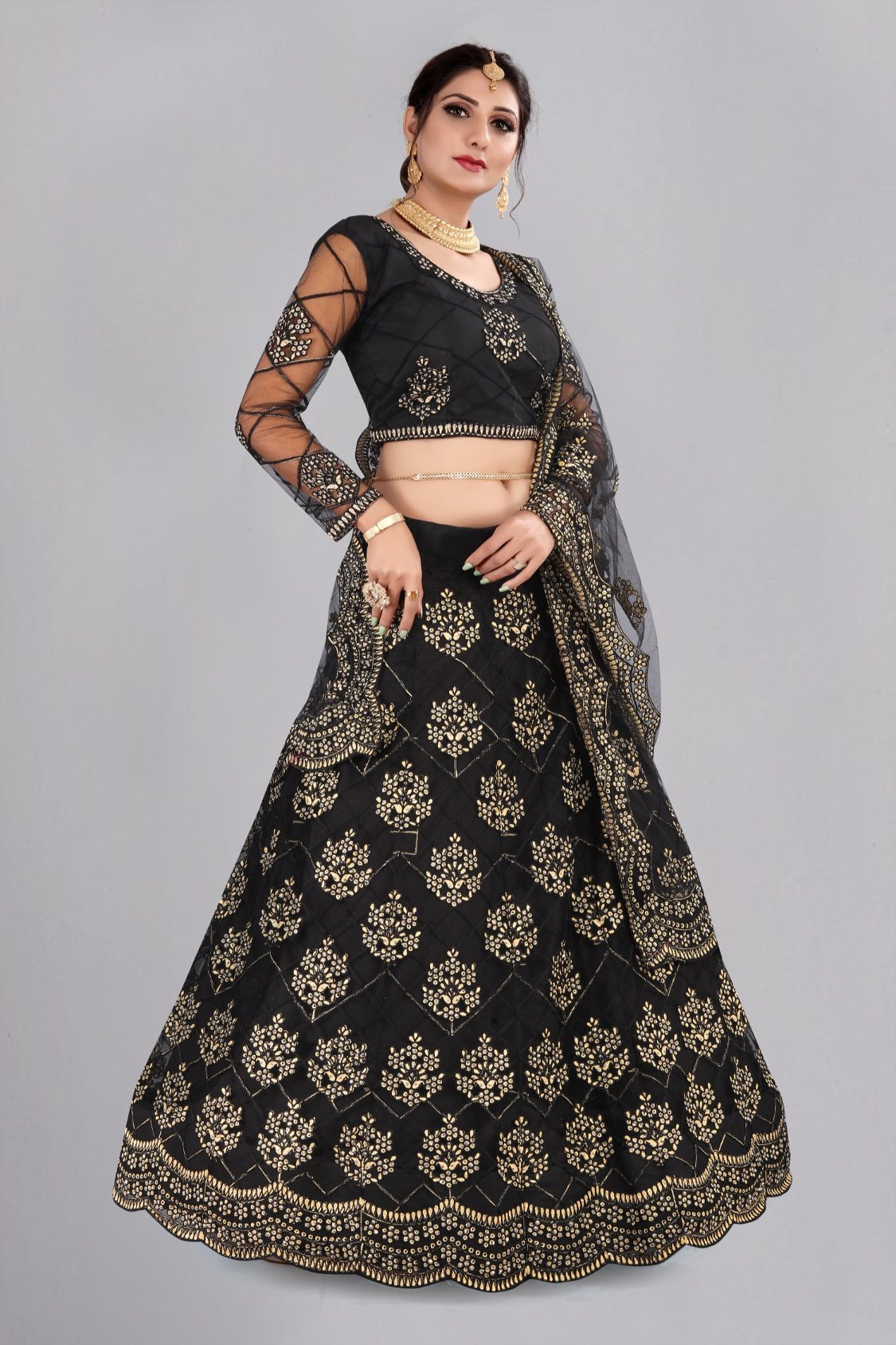 Jyoti Fashion Women's Black Net Thread Embroidered Designer Lehenga Choli Set | Swadesiicart