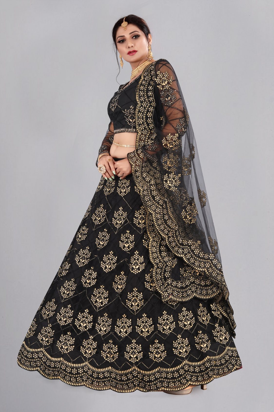 Jyoti Fashion Women's Black Net Thread Embroidered Designer Lehenga Choli Set | Swadesiicart