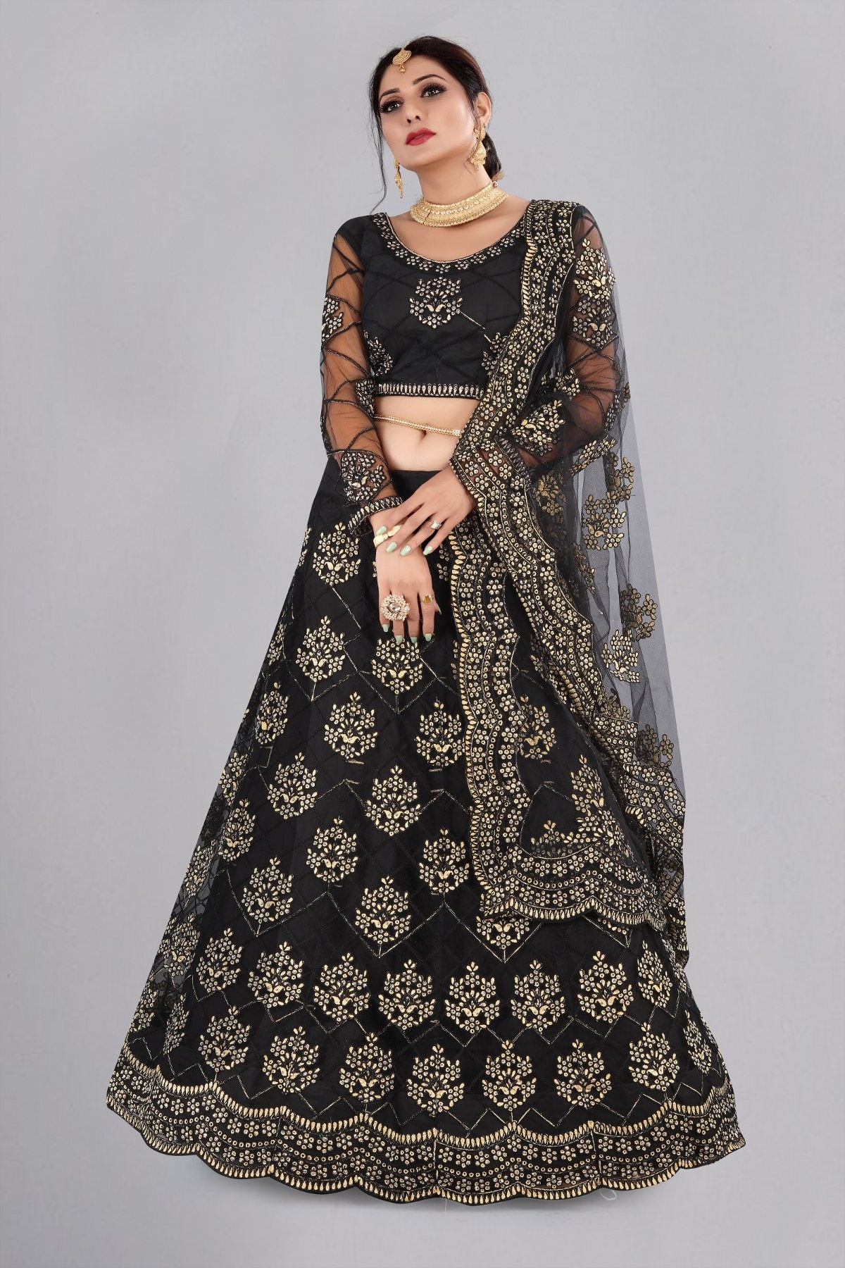 Jyoti Fashion Women's Black Net Thread Embroidered Designer Lehenga Choli Set | Swadesiicart