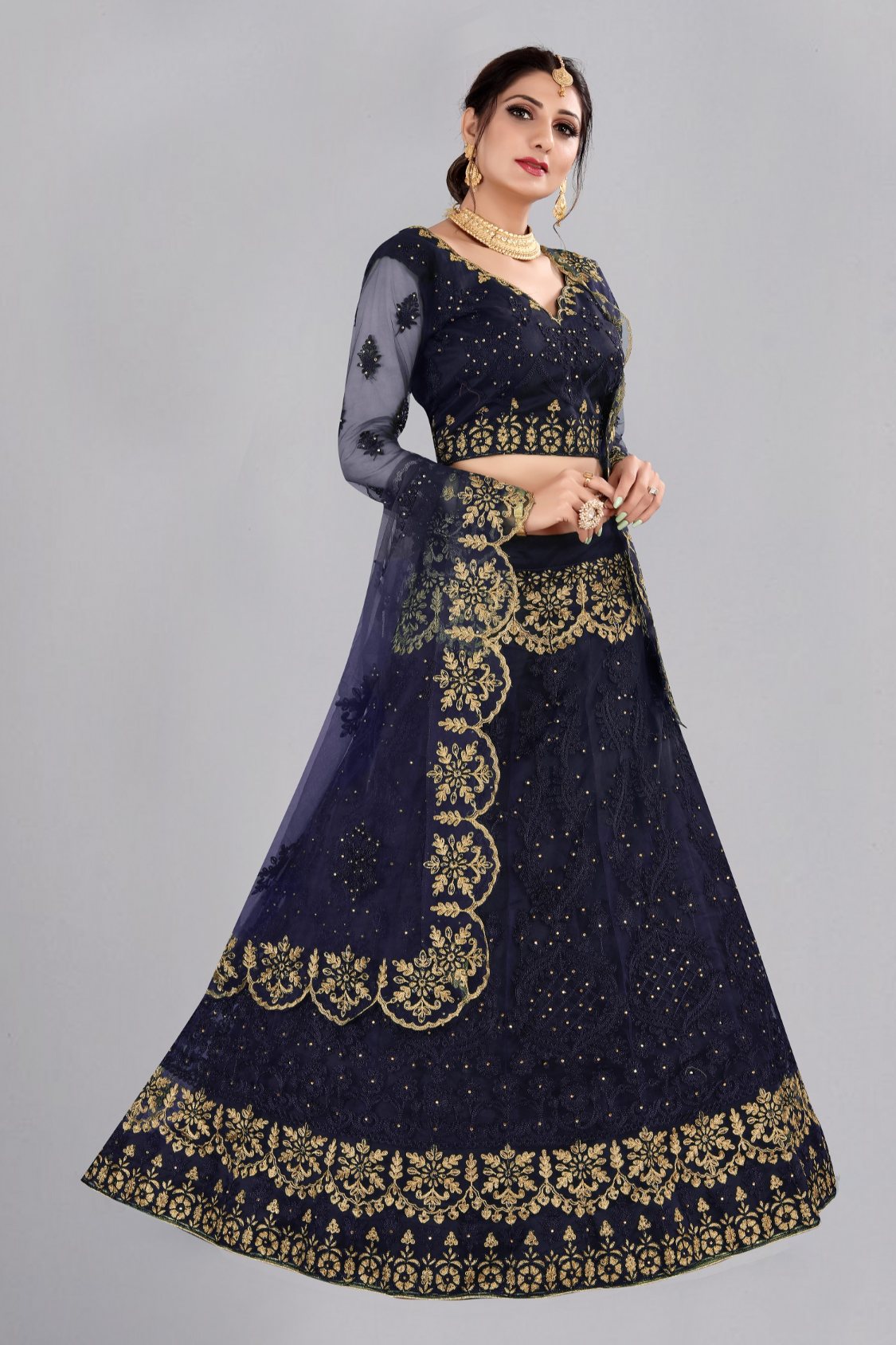 Jyoti Fashion Women's Navy Blue Net Thread Embroidered Designer Lehenga Choli Set | Swadesiicart