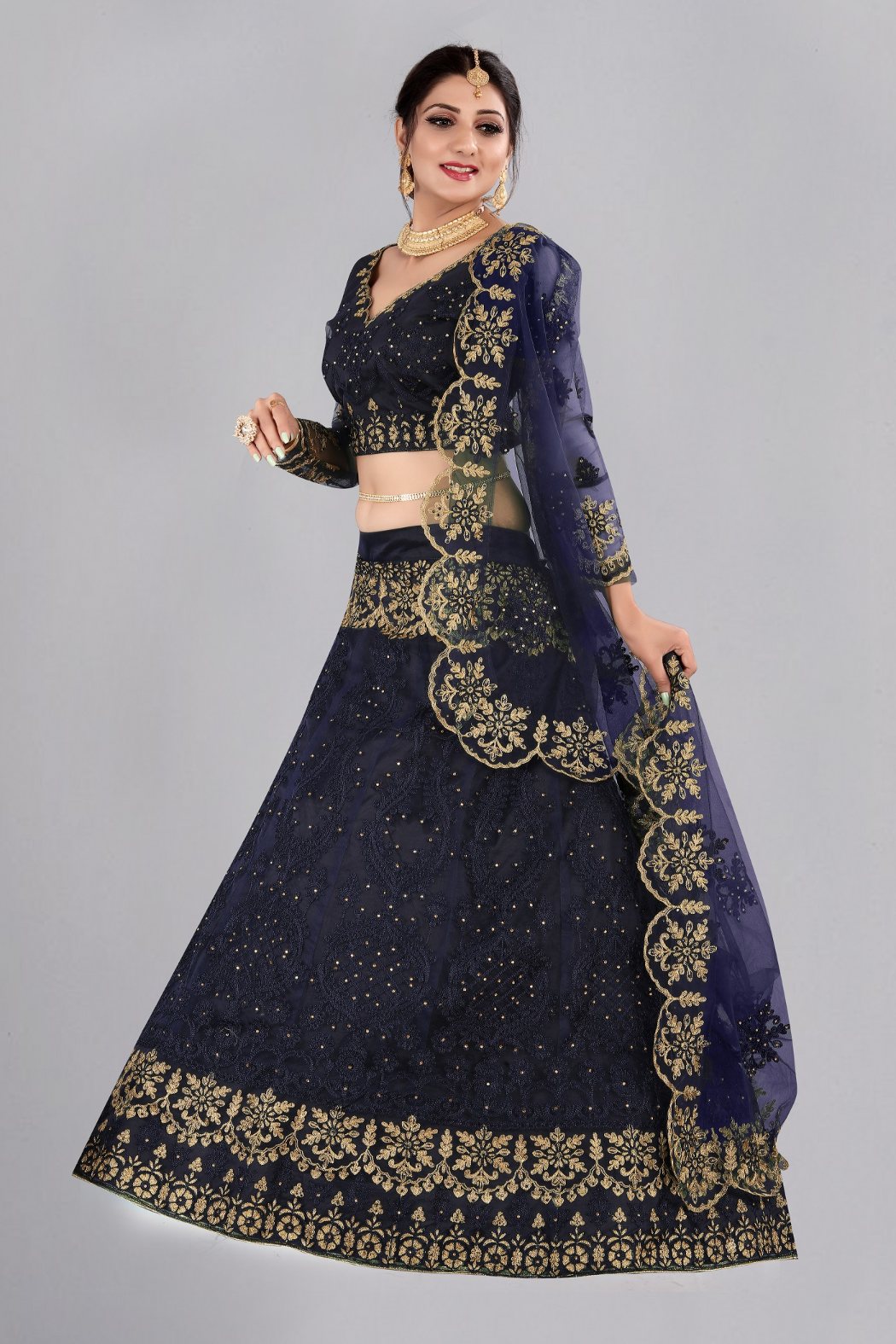 Jyoti Fashion Women's Navy Blue Net Thread Embroidered Designer Lehenga Choli Set | Swadesiicart