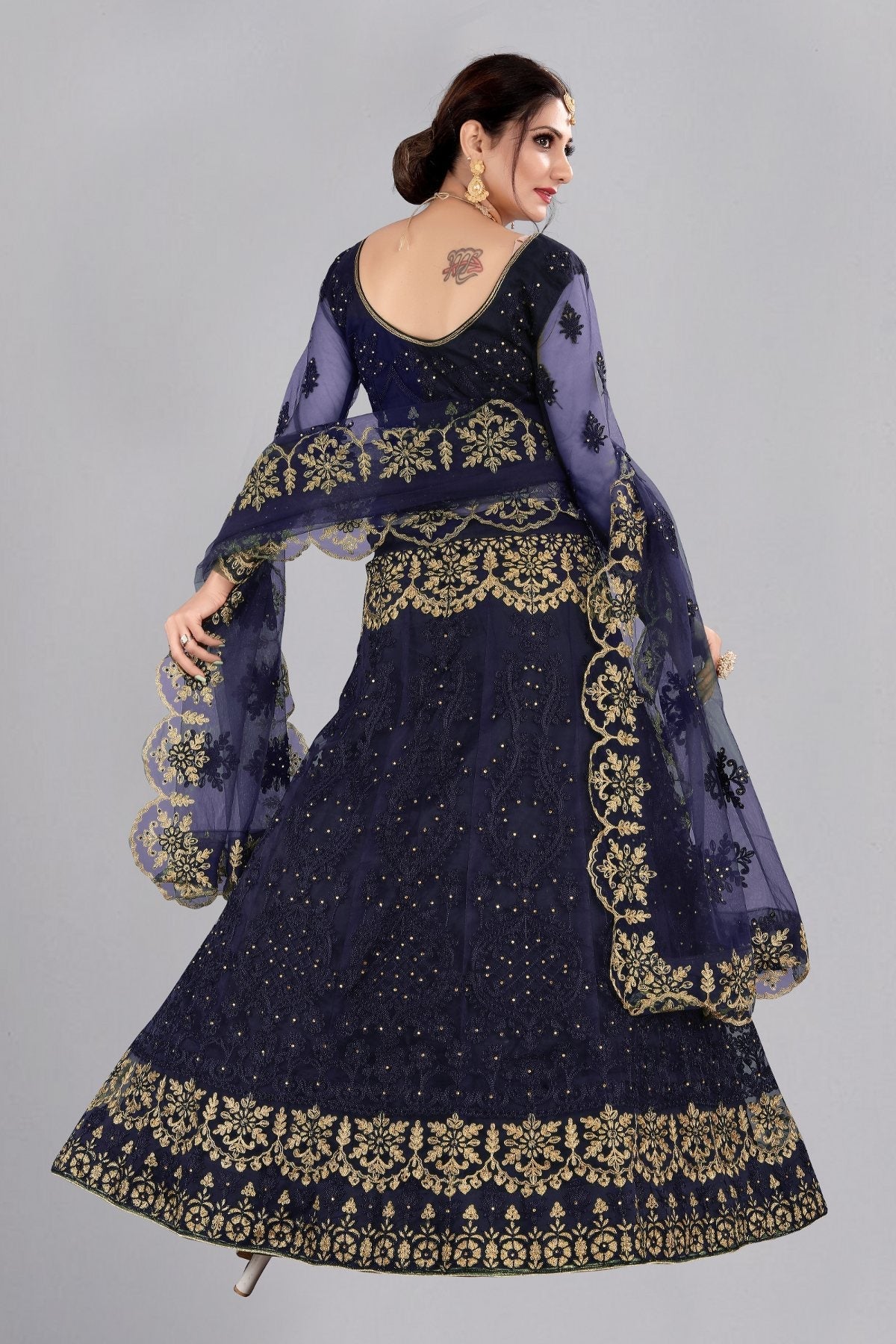 Jyoti Fashion Women's Navy Blue Net Thread Embroidered Designer Lehenga Choli Set | Swadesiicart