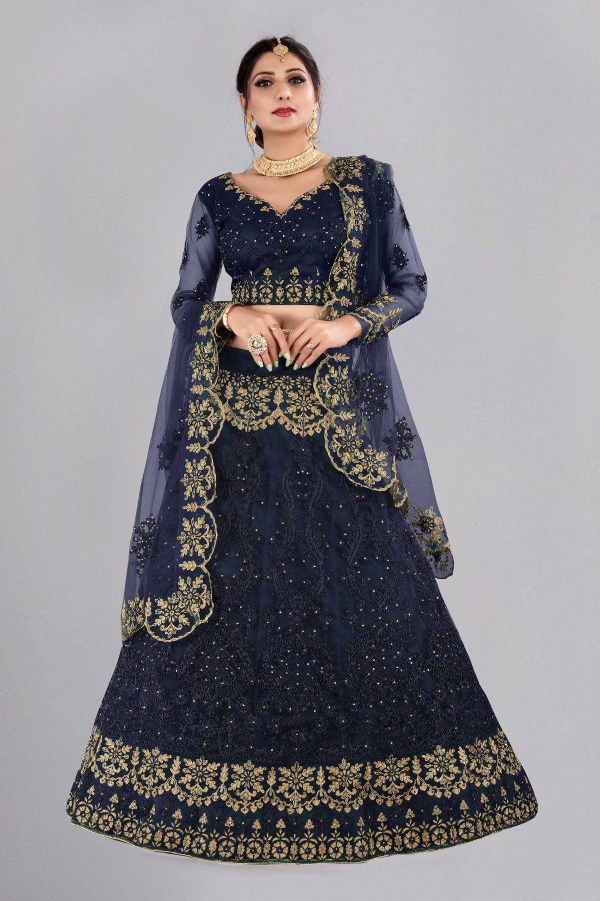 Jyoti Fashion Women's Navy Blue Net Thread Embroidered Designer Lehenga Choli Set | Swadesiicart